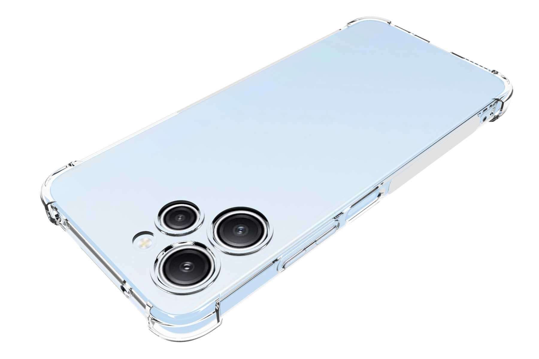 Blaues Telefon in transparenter Hülle auf weißem Grund, Draufsicht.