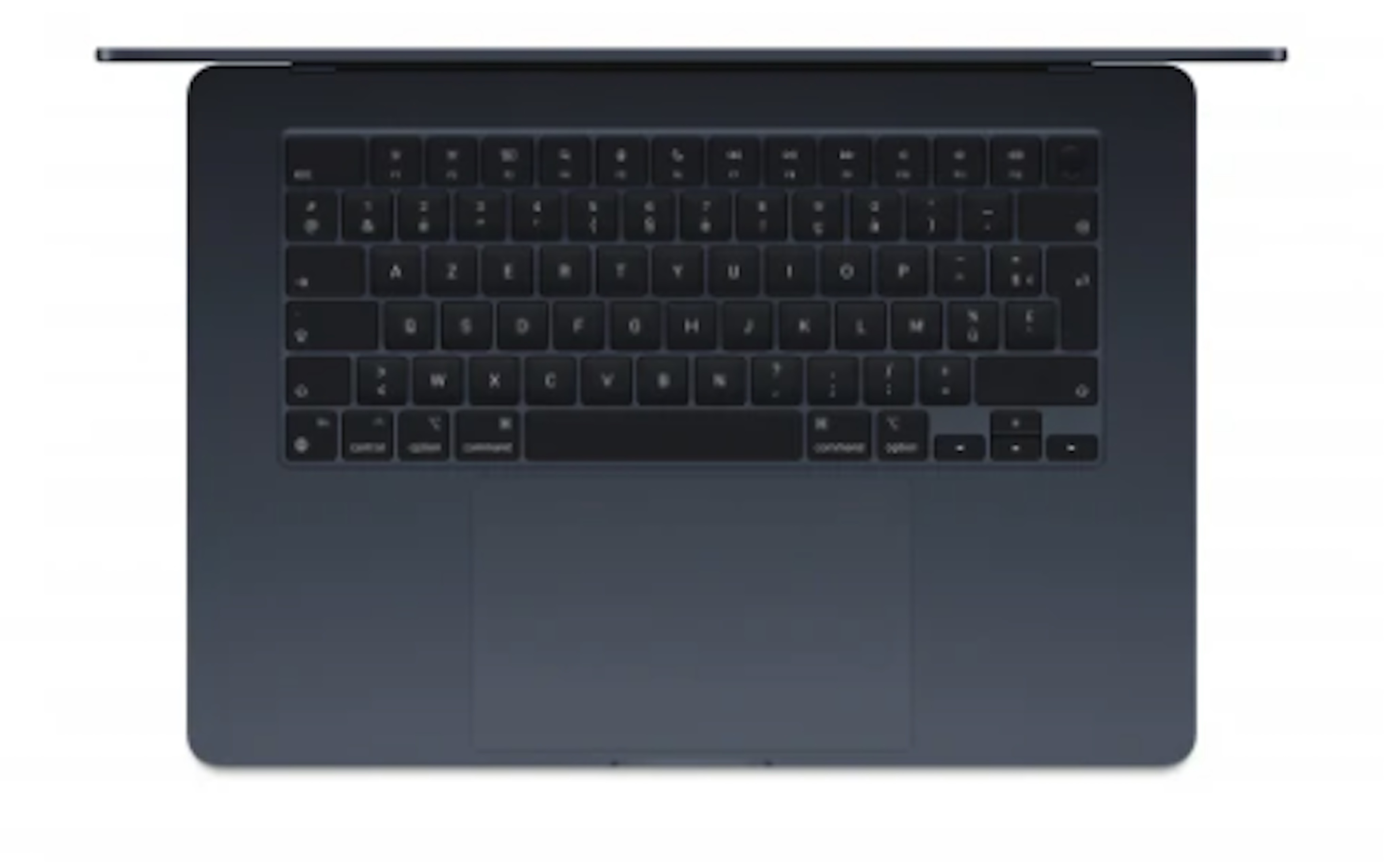 Draufsicht auf einen Laptop mit schwarzer Tastatur. Weißer Hintergrund.