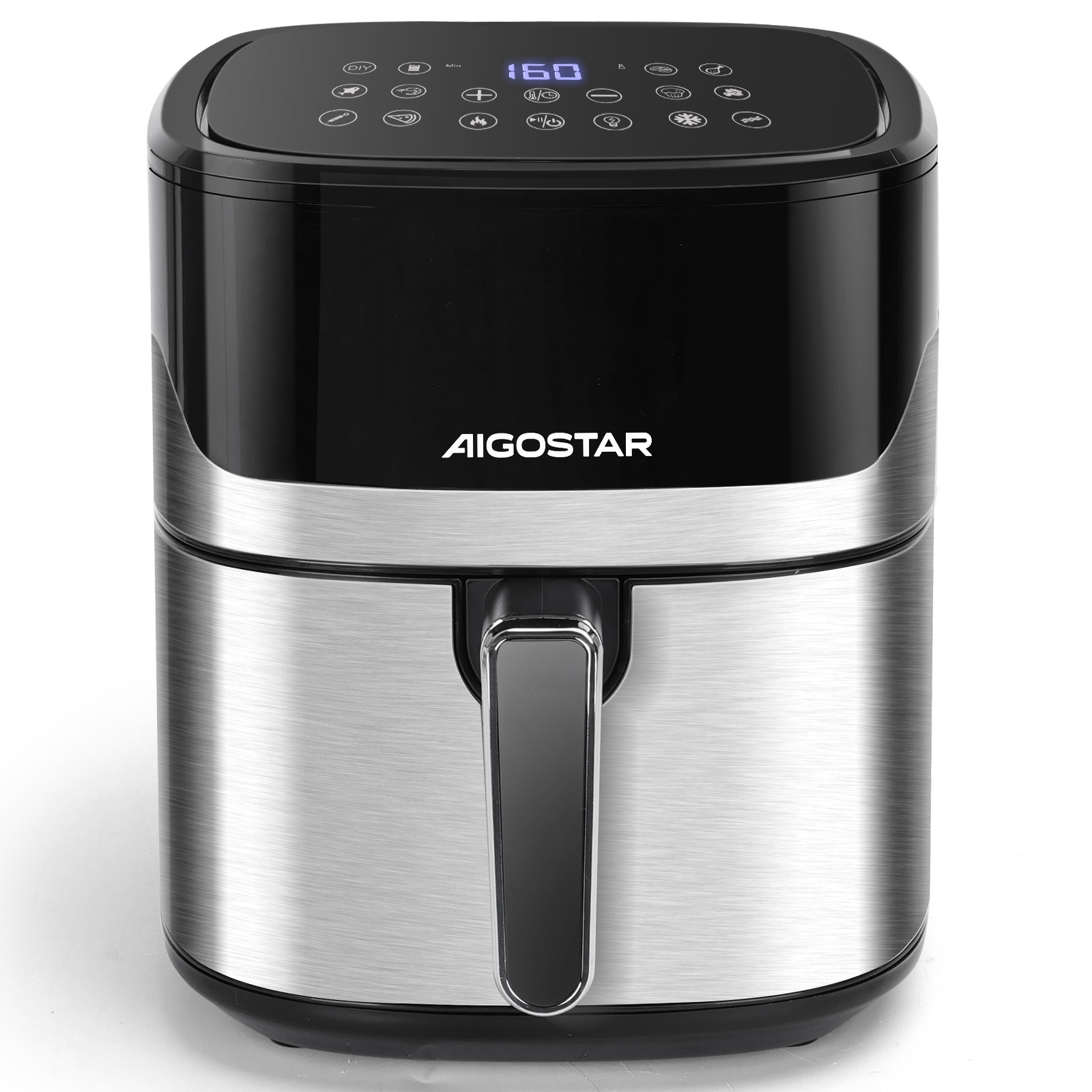 Schwarze und silberne Heißluftfritteuse mit digitaler Anzeige und AIGOSTAR-Logo.