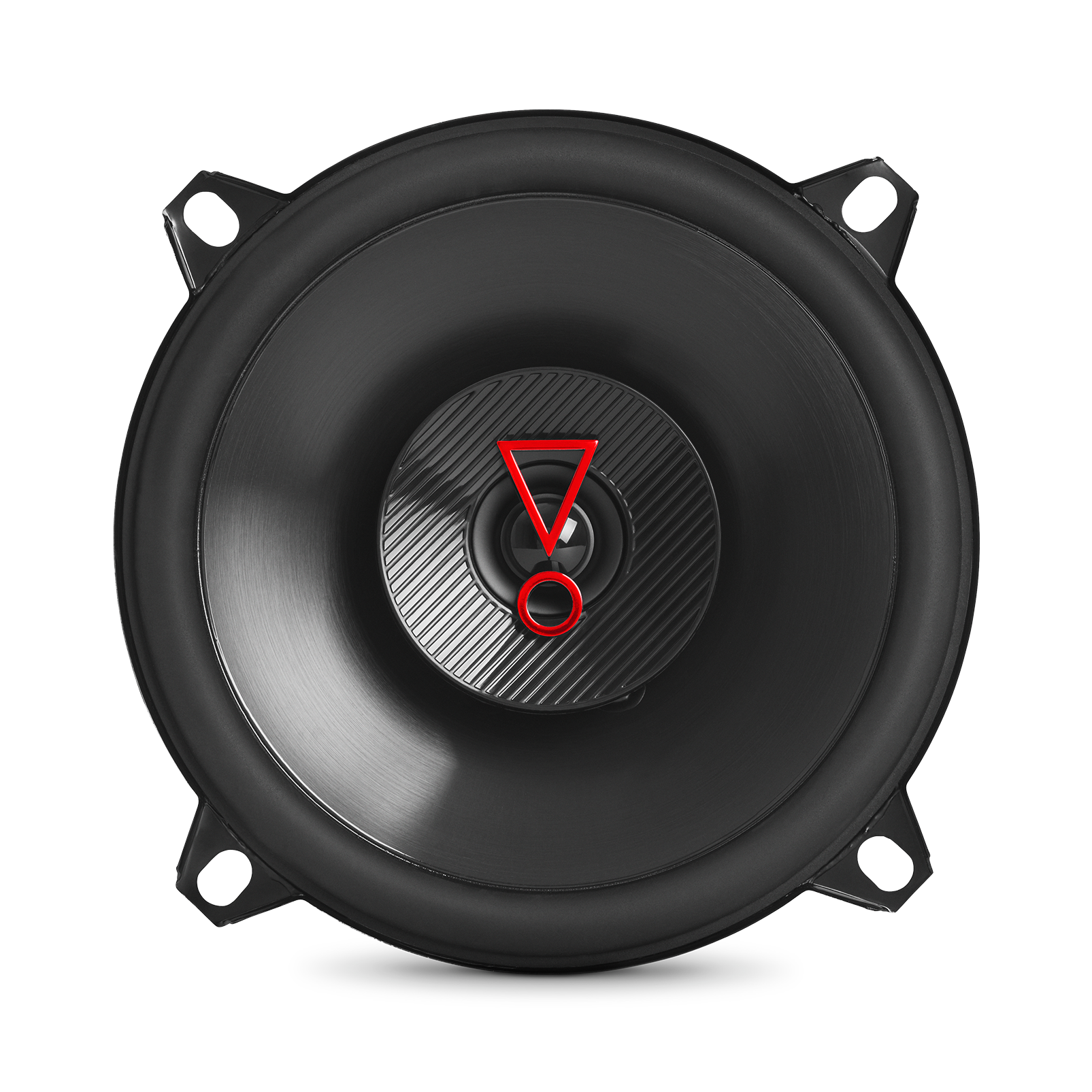Haut-parleur de voiture noir avec un point d'exclamation rouge. Le haut-parleur a un cône central.