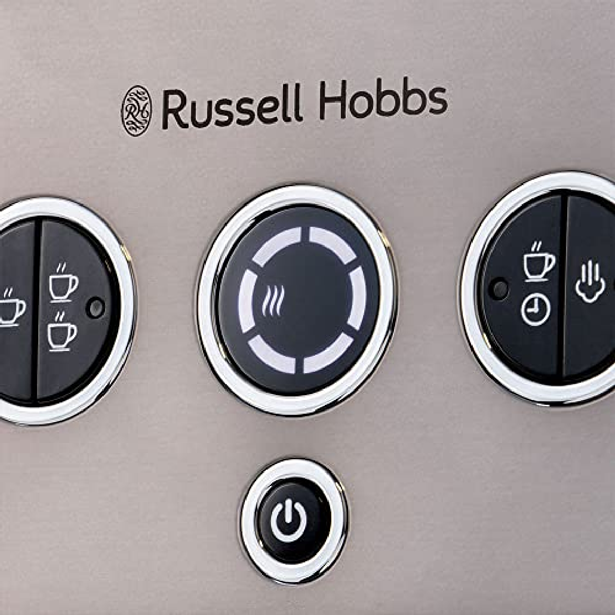 Nahaufnahme von Russell Hobbs-Gerätebedientasten mit Strom- und Funktionssymbolen.