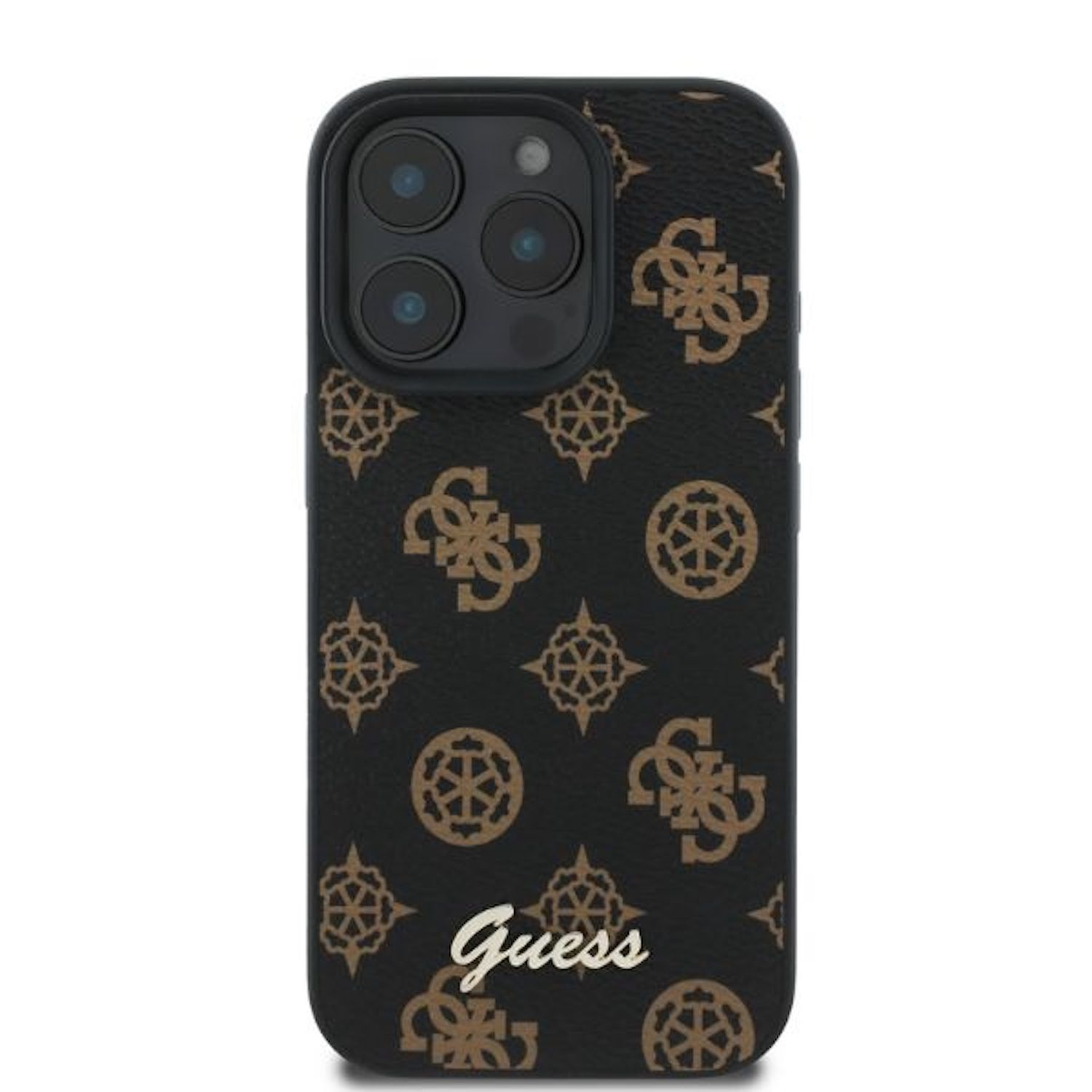 Custodia nera per telefono con motivo Guess marrone ripetuto e logo Guess.