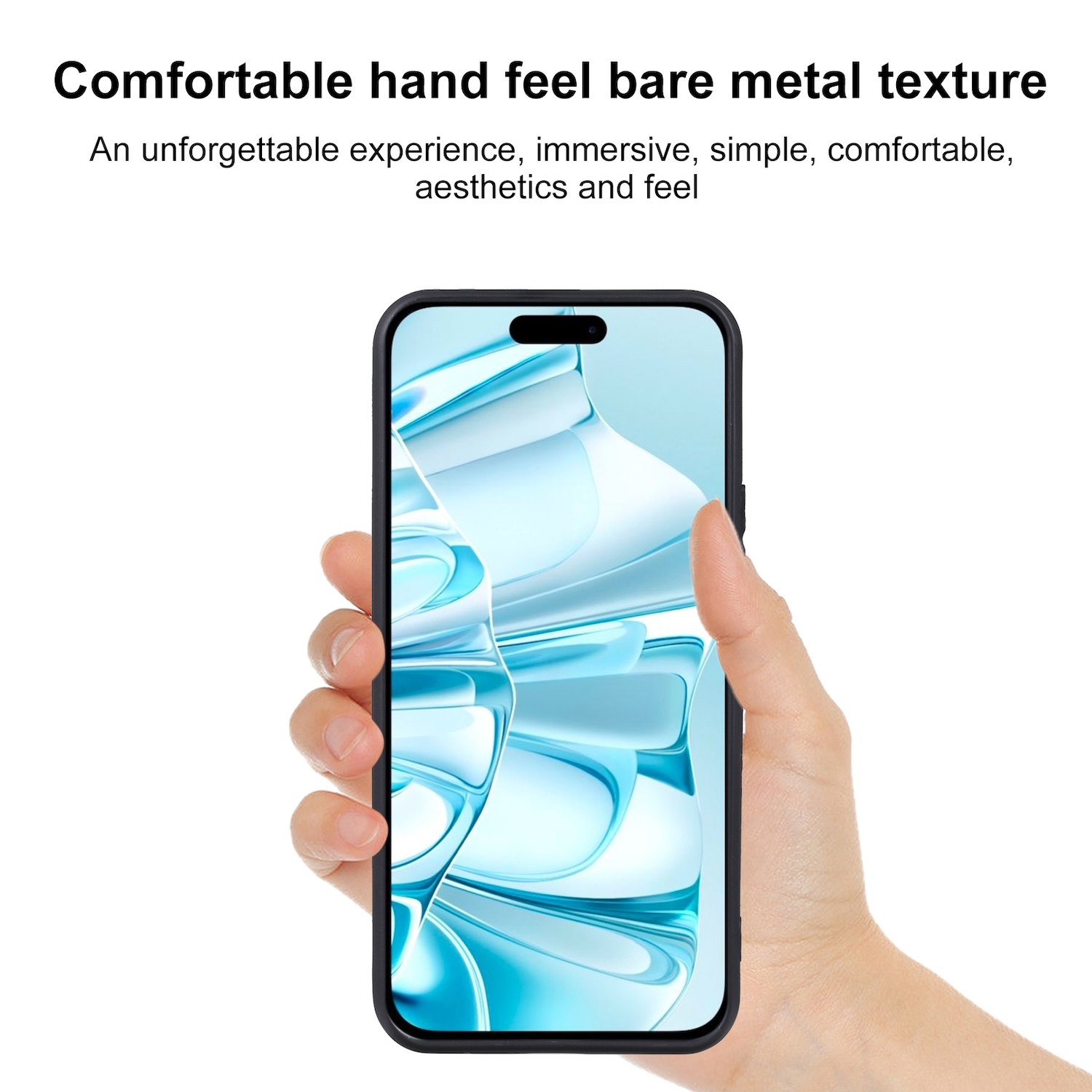 Hand hält ein schwarzes Telefon mit einem klaren Bildschirm. Text oberhalb und unterhalb des Telefons.