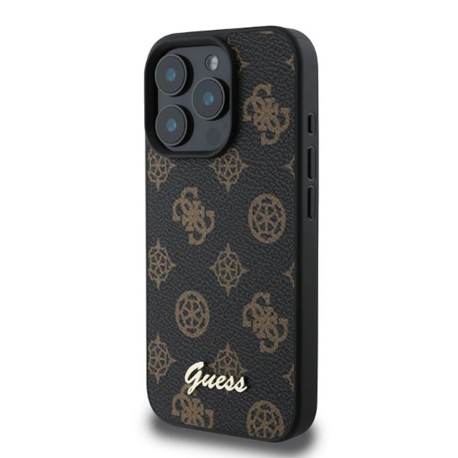 Custodia nera per telefono con motivo logo Guess, su sfondo bianco.