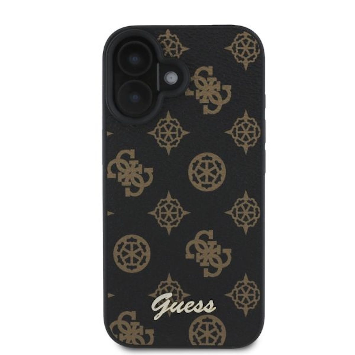 Una custodia per telefono nera con motivo logo Guess. La custodia ha un foro per la fotocamera.