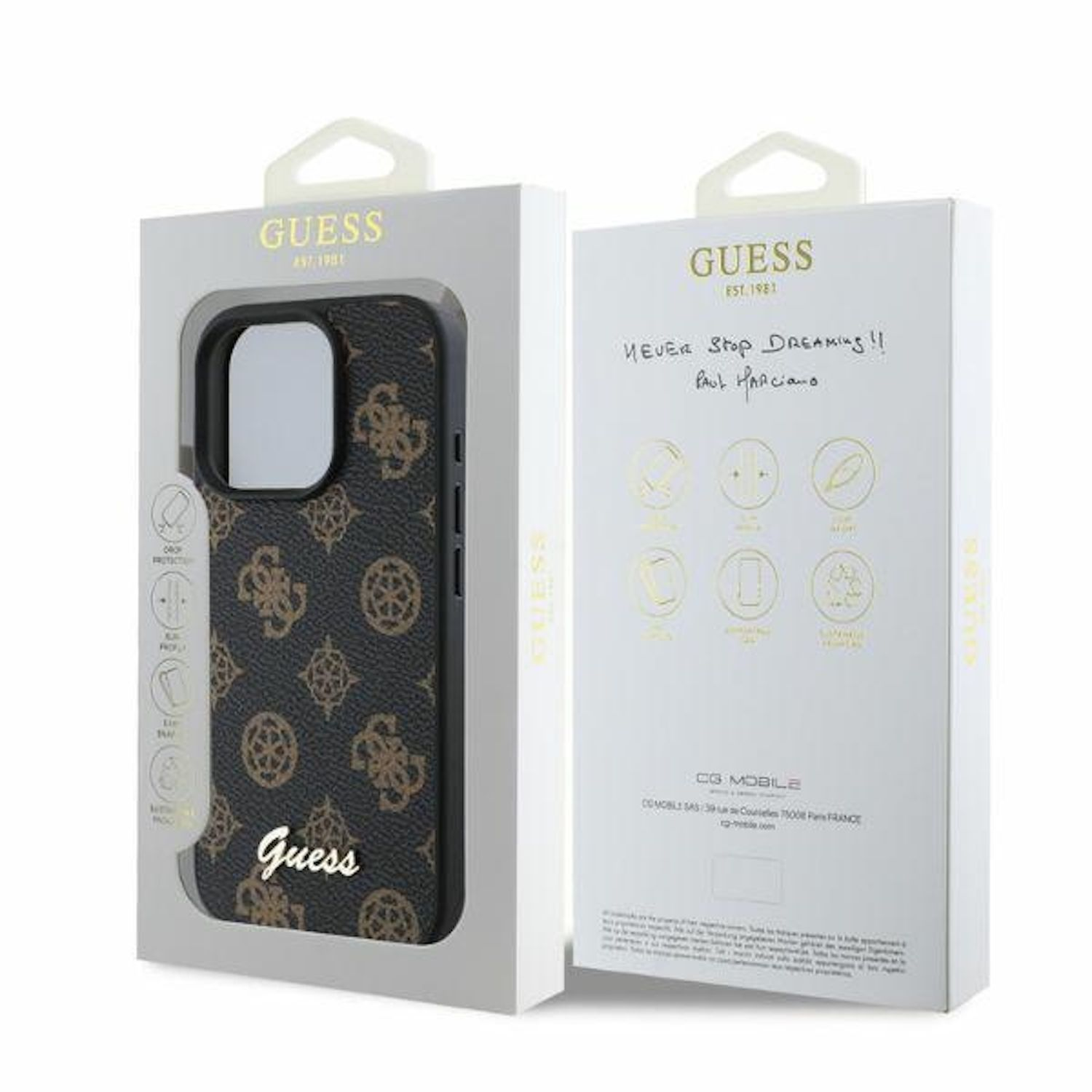 Custodia per telefono in scatola con logo Guess e illustrazione del telefono.