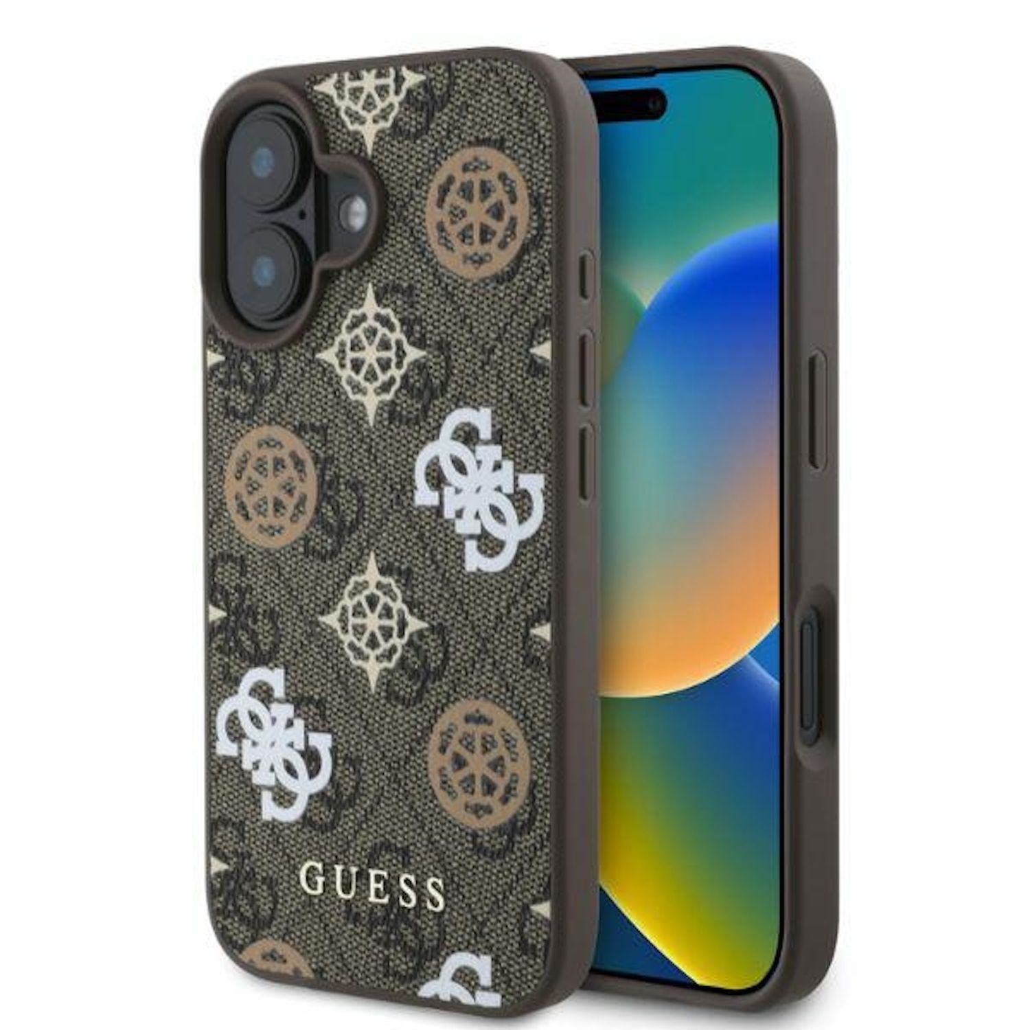 Telefono in custodia Guess. La custodia è marrone con loghi bianchi, lo schermo è blu.
