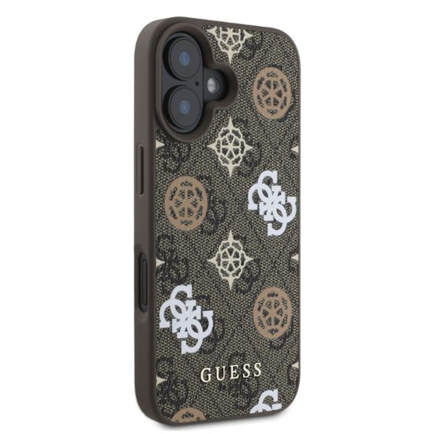 Custodia per telefono marrone con motivo logo Guess, ritagli per fotocamera e sfondo bianco.