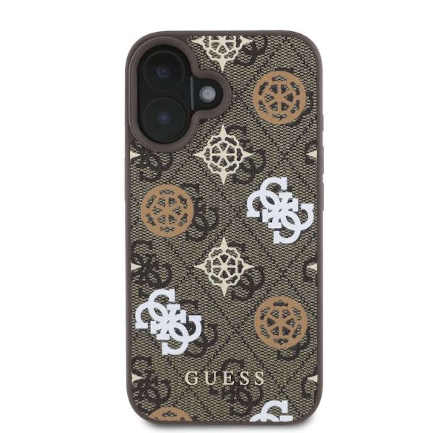 Custodia per telefono con motivo logo Guess marrone, bianco e oro. Bordo scuro.