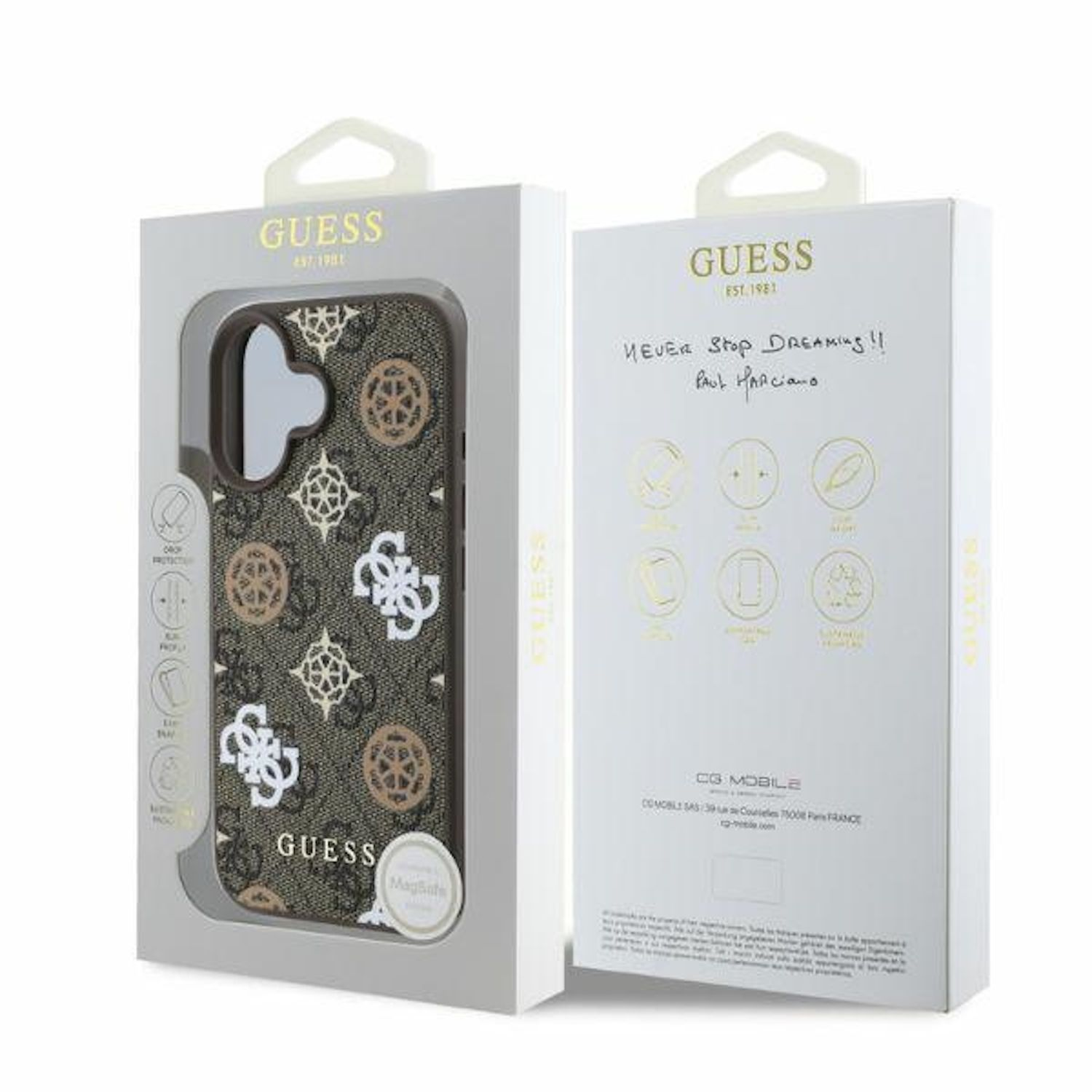 Una custodia per telefono Guess nella sua scatola. La custodia è marrone con un motivo a logo ripetuto. La scatola è bianca.