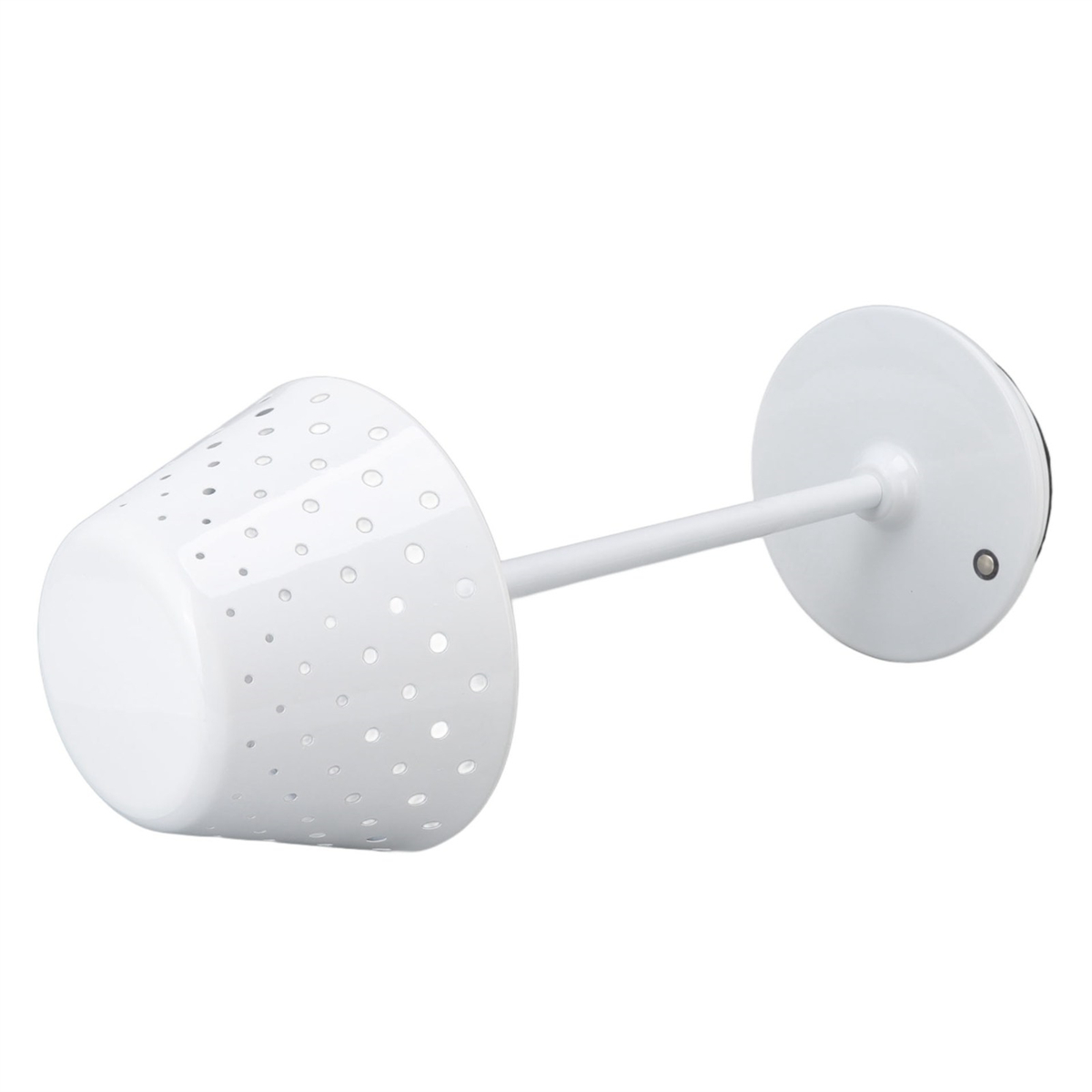 Eine weiße Lampe mit perforiertem Lampenschirm, langem Arm und kreisförmigem Sockel.