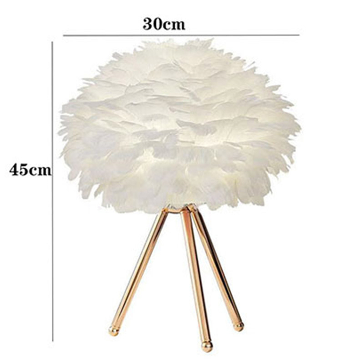 Weiße Federlampe mit goldenen Beinen. 30 cm breit, 45 cm hoch.