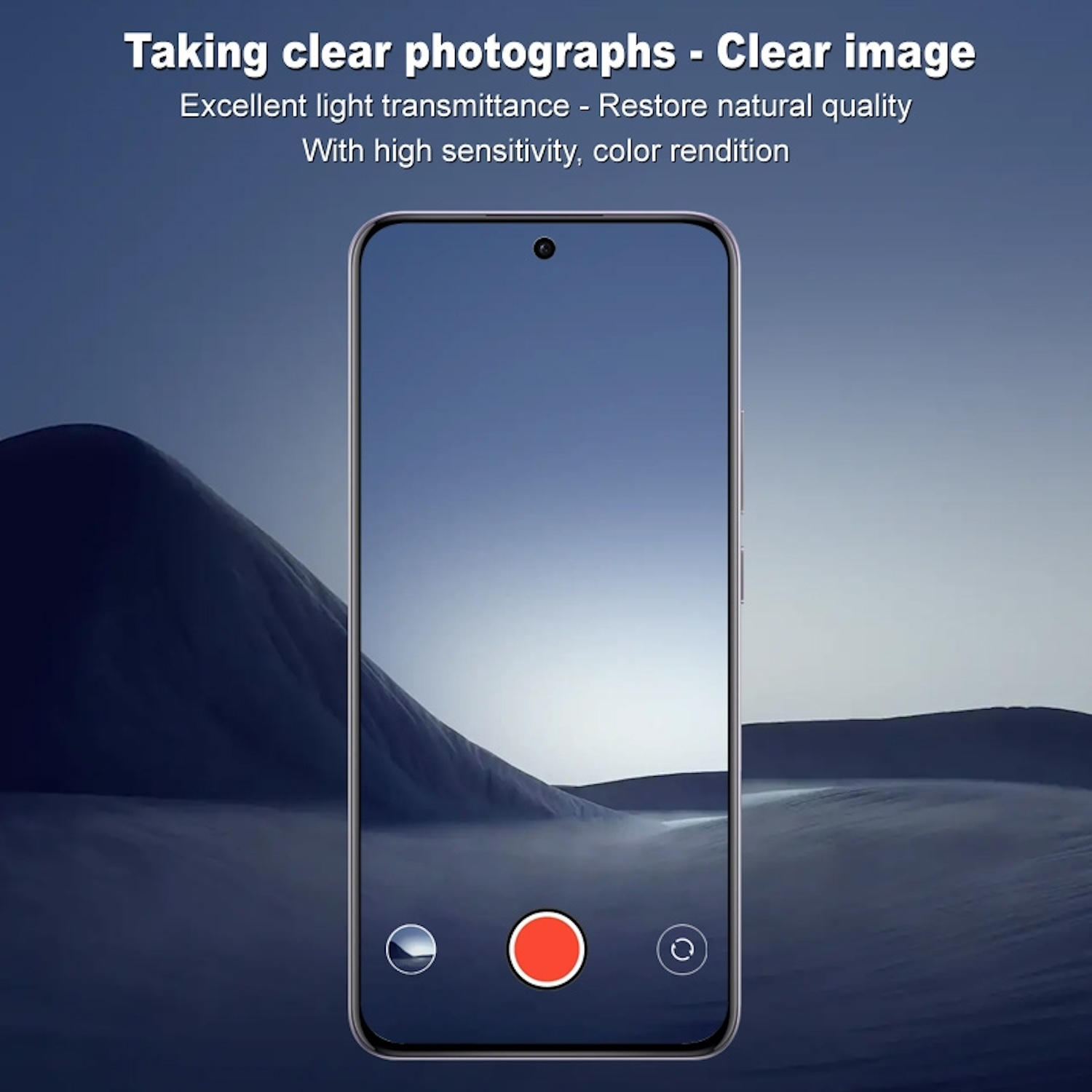 Smartphone che mostra una foto di paesaggio con un pulsante di registrazione rosso su sfondo scuro.