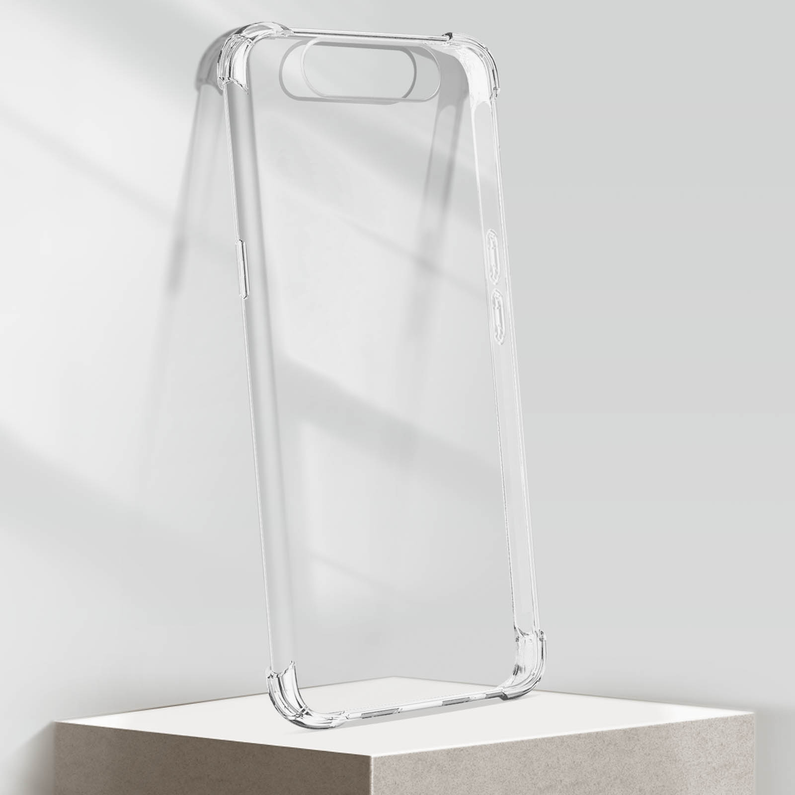 Transparante telefoonhoes op een witte standaard, schaduw op de muur, geïsoleerd.