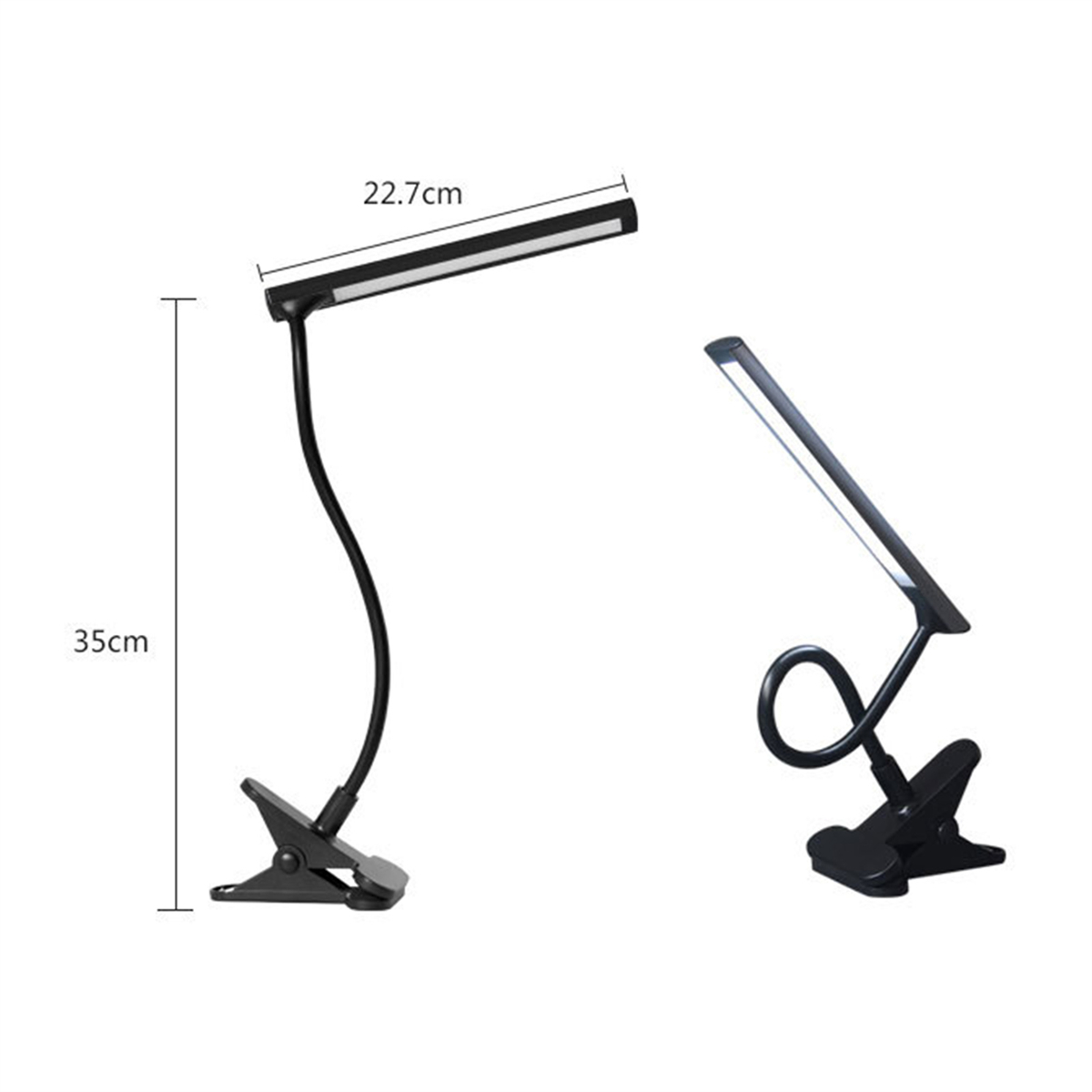 Zwei schwarze LED-Schreibtischlampen mit verstellbaren Armen und Clip-Basis, mit Maßangaben.