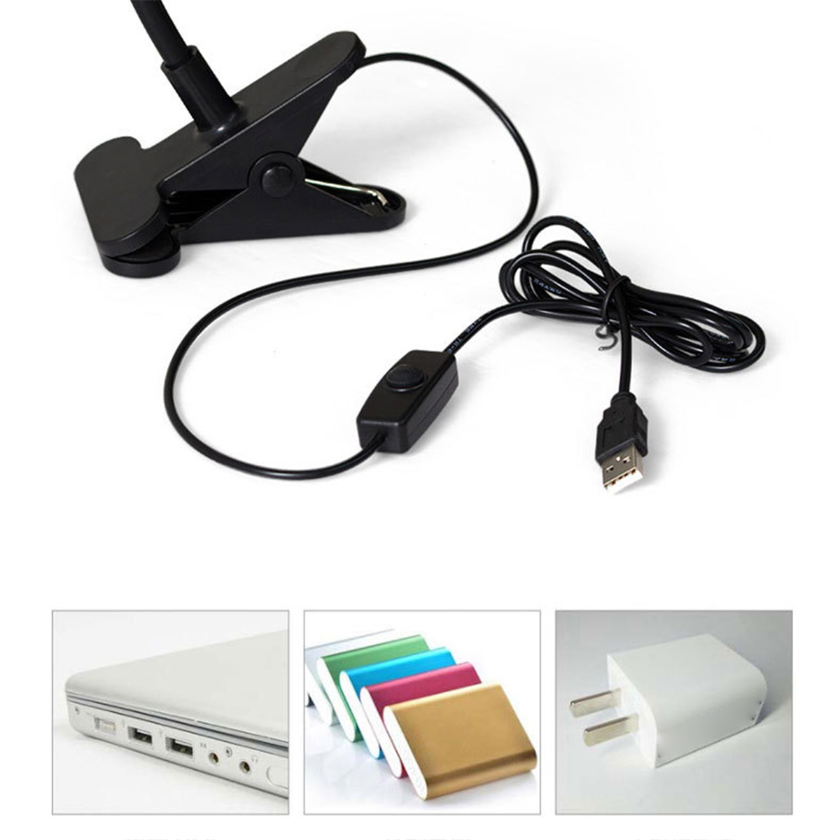 Schwarze Clip-On-Lampe mit USB-Kabel und Netzteil auf weißem Hintergrund.