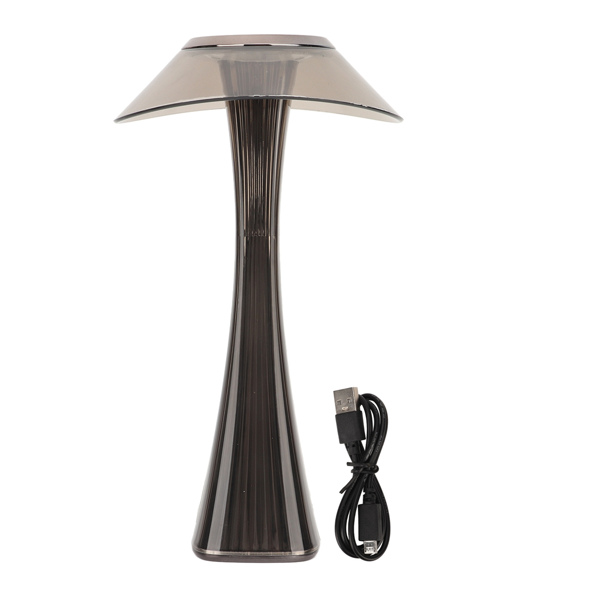 Moderne Lampe mit schwarzem Stiel und pilzförmigem Schirm. Ein USB-Kabel wird gezeigt.