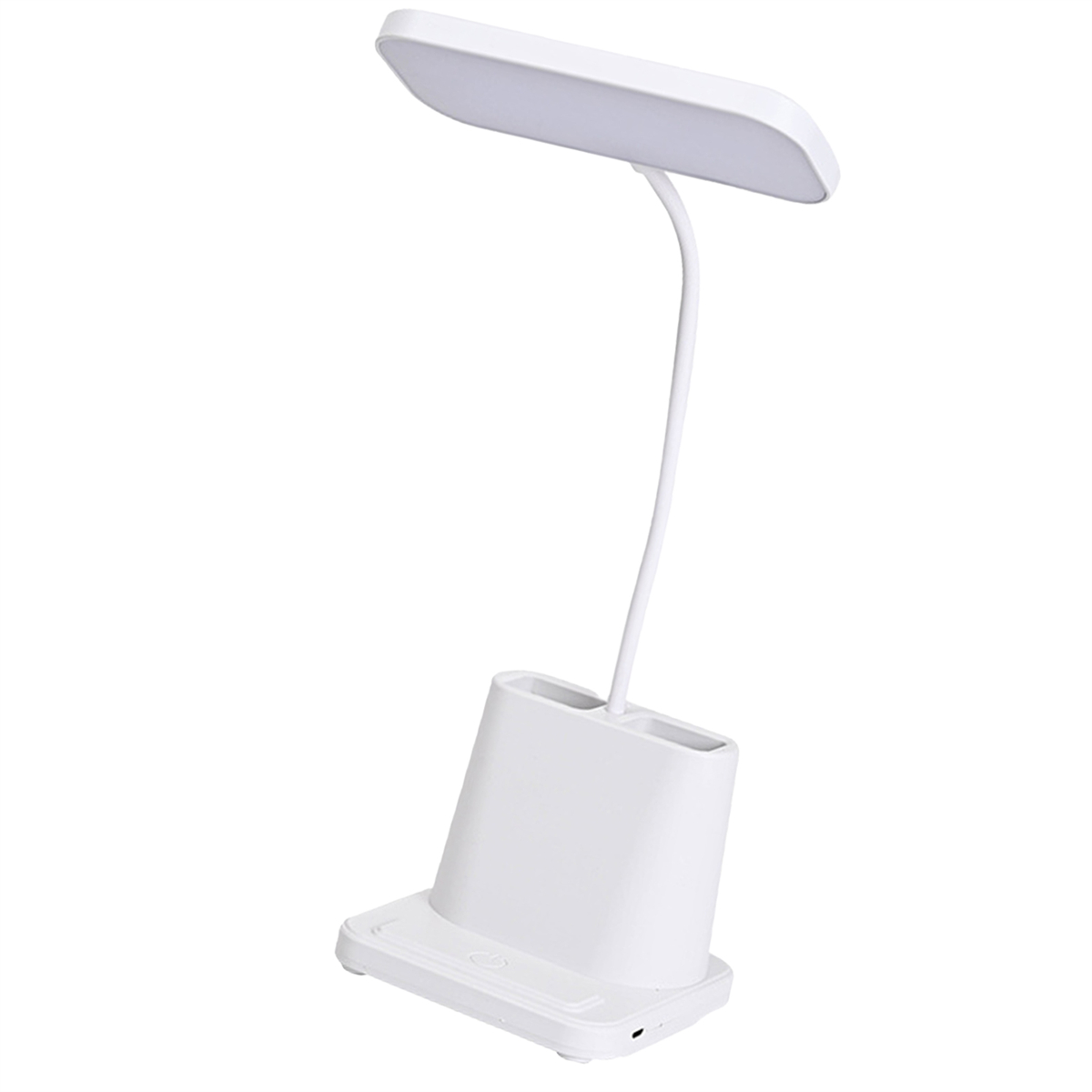 Weiße Schreibtischlampe mit flexiblem Hals, Stifthalter und Licht.