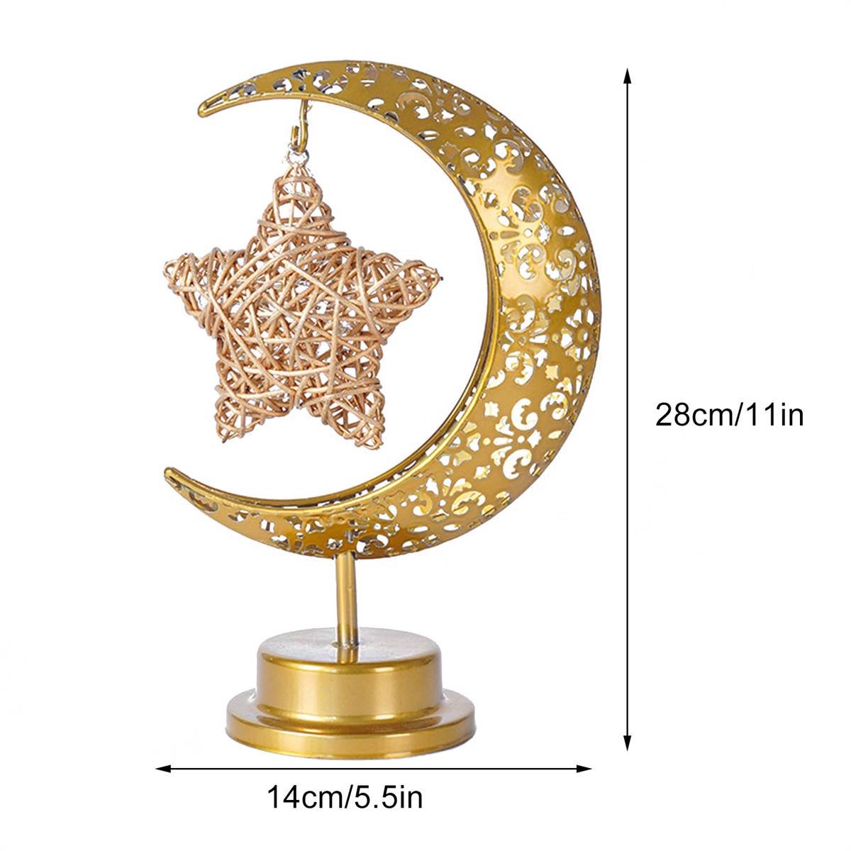 Goldener Mond- und Stern-Dekor. Der Mond ist mit Mustern geätzt. Der Stern besteht aus gewebtem Material.