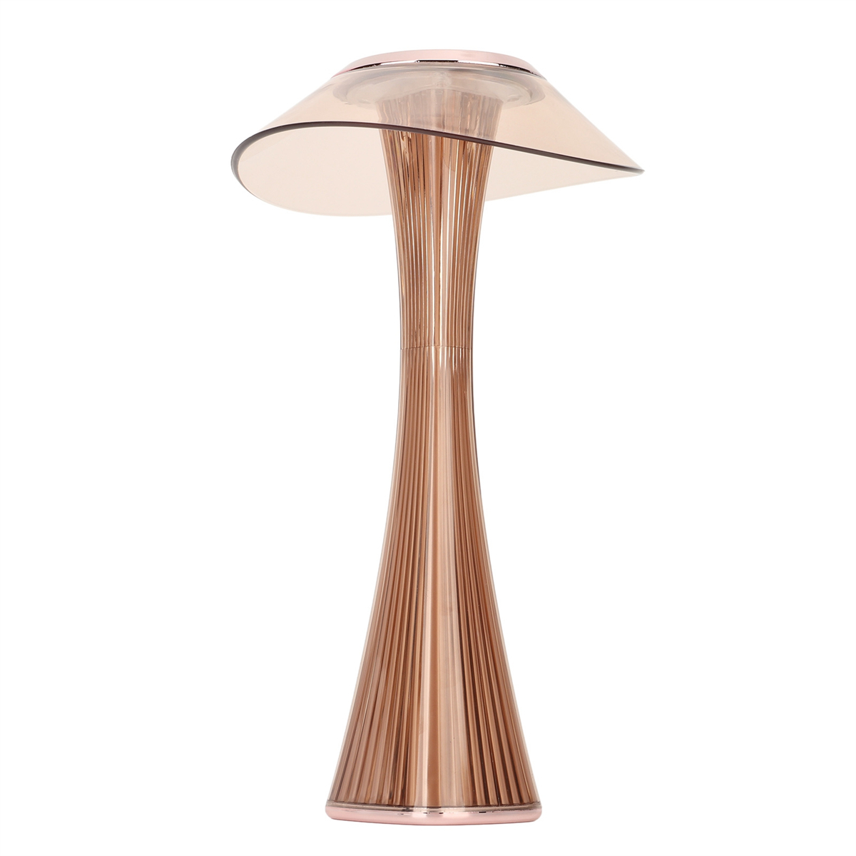 Roségoldene Lampe mit transparentem Schirm, vor weißem Hintergrund.