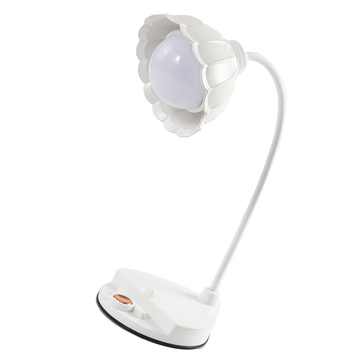 Eine weiße, blütenförmige Lampe mit gebogenem Hals und Fuß. Sie ist weiß und eine Schreibtischlampe.