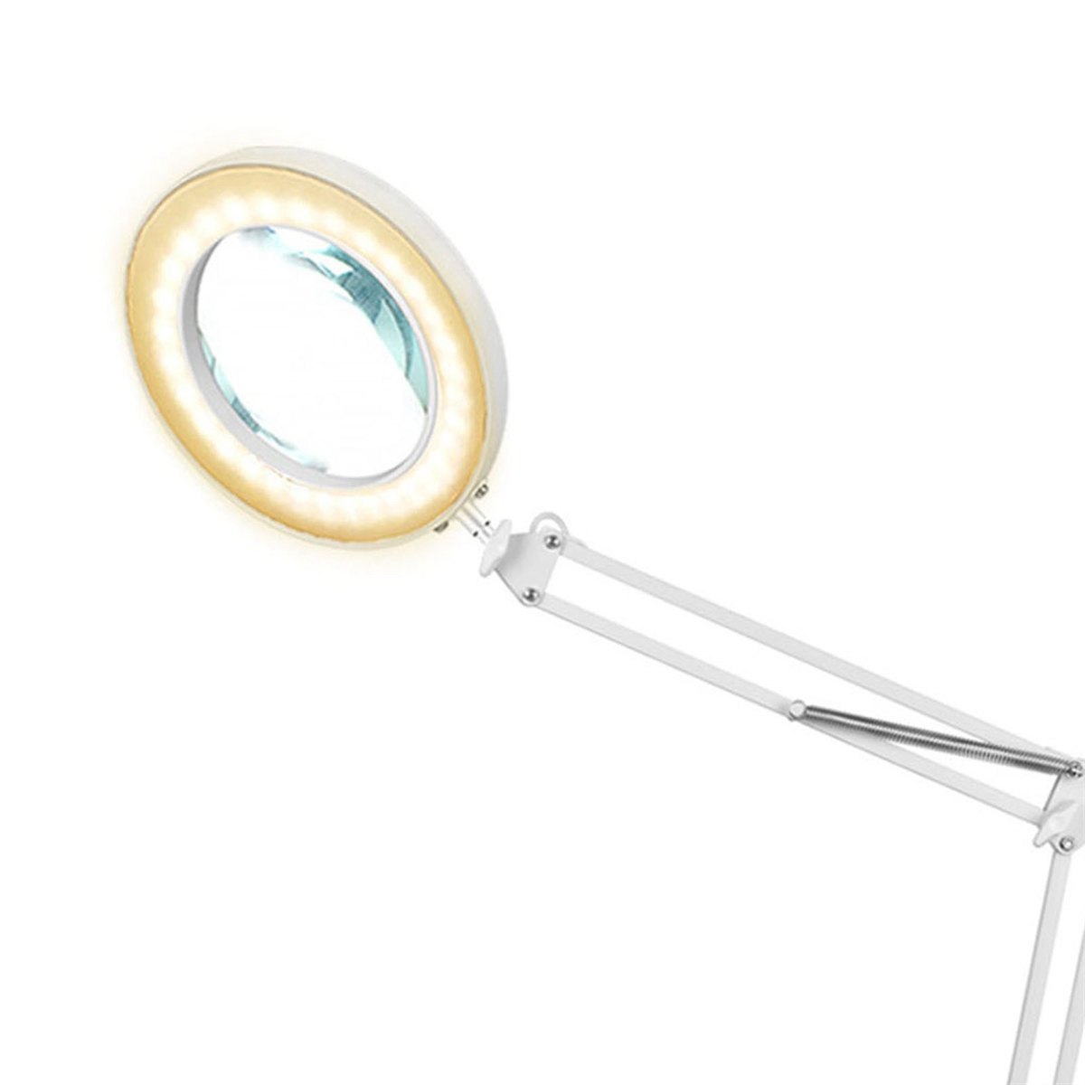 Eine Lupenlampe mit weißem Rahmen und einem Lichtring. Die Lampe steht auf einem Ständer.
