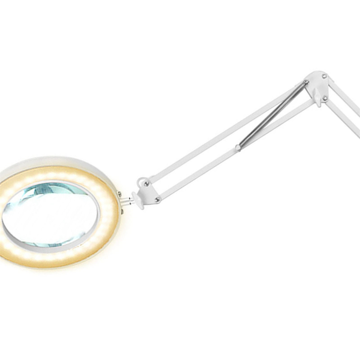 Vergrößerungslampe mit Lichtring. Weißer Rahmen, flexibler Arm, kreisförmige Linse mit Lichtern.