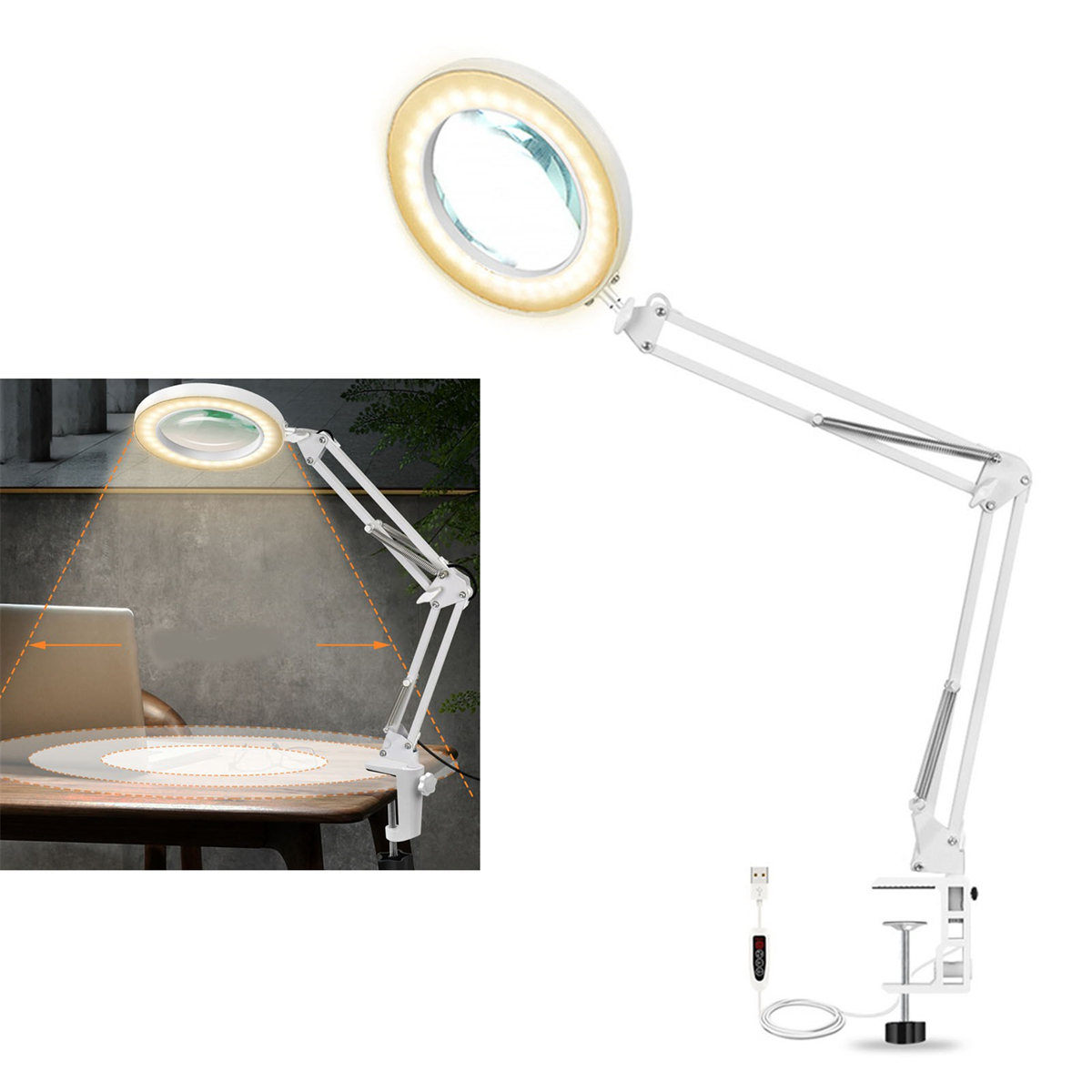 Eine weiße, verstellbare Lupe. Die Lampe befindet sich über einem Tisch. Der Hintergrund ist eine Wand.