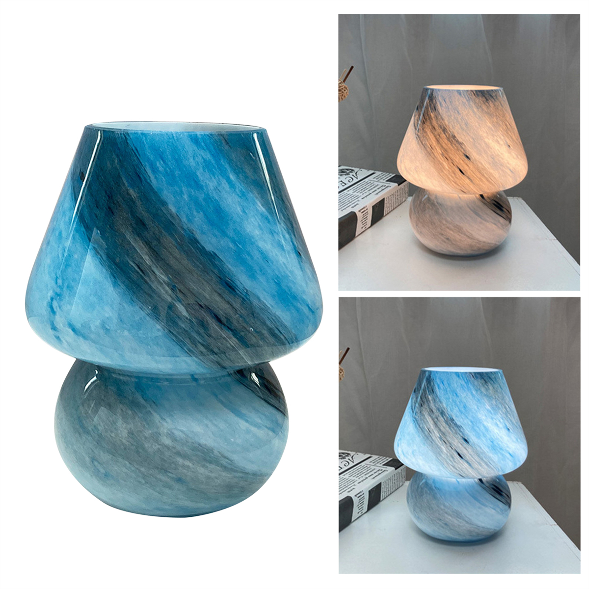 Blau-graue pilzförmige Lampe, drei Bilder mit Licht an und aus.