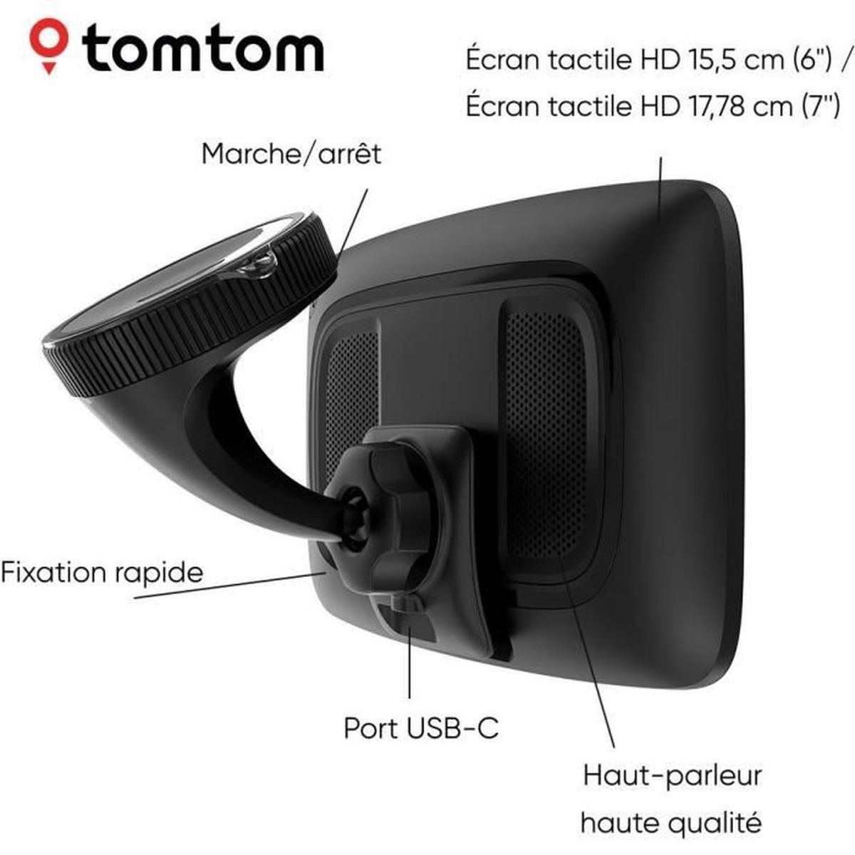 TomTom GPS-Gerät mit Beschriftungen. Es hat eine Halterung, USB-Anschluss und Lautsprecher.