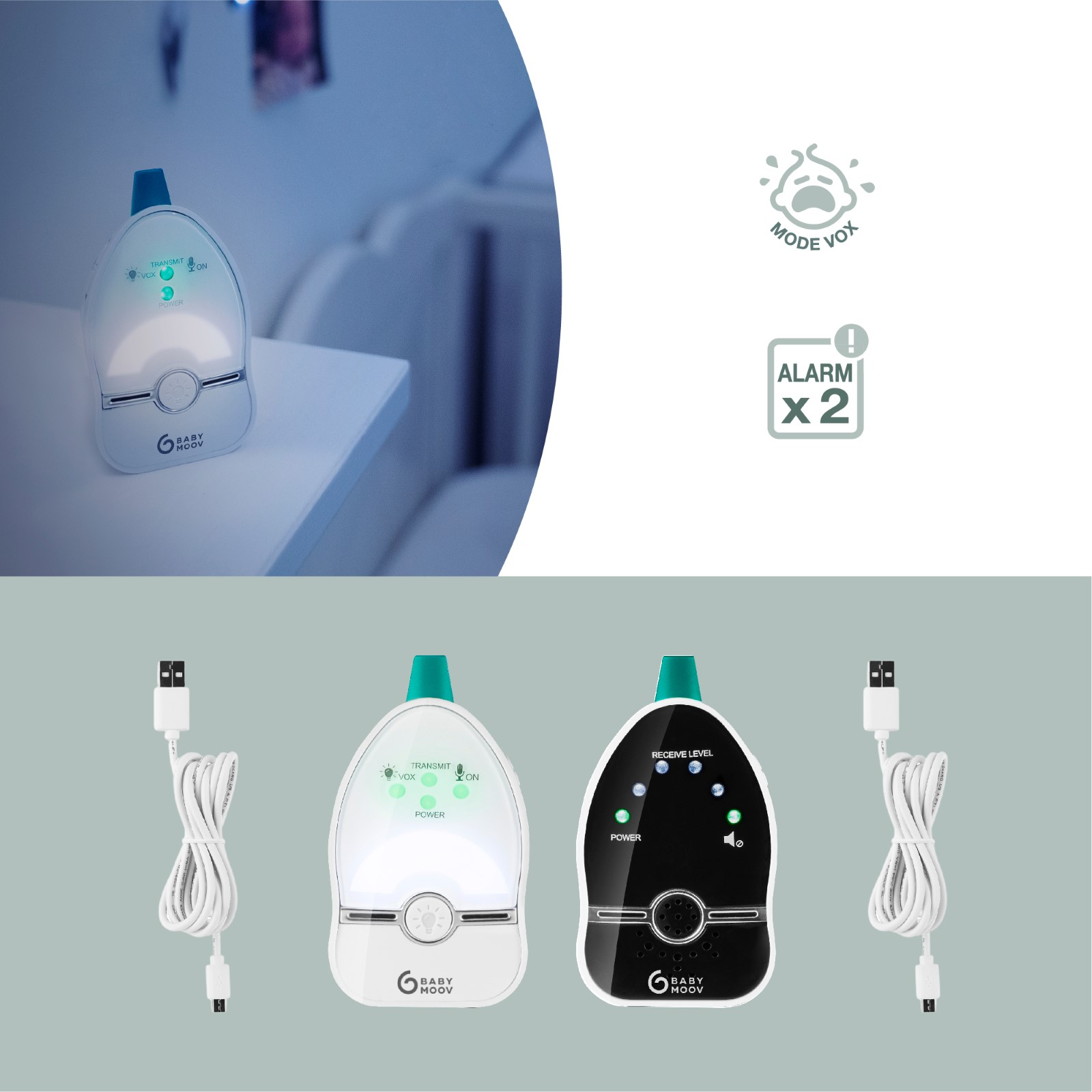 Zwei Babyphone mit Kabeln. Eines auf einem weißen Tisch, das andere mit schwarzem Gehäuse.