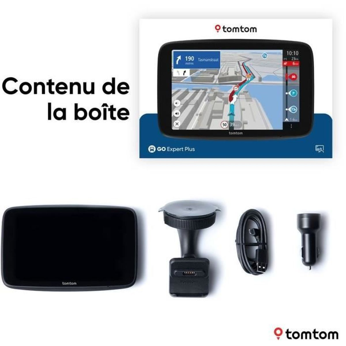 TomTom GPS-Gerät und Inhalt der Box, inkl. GPS, Halterung, Kabel und Ladegerät.