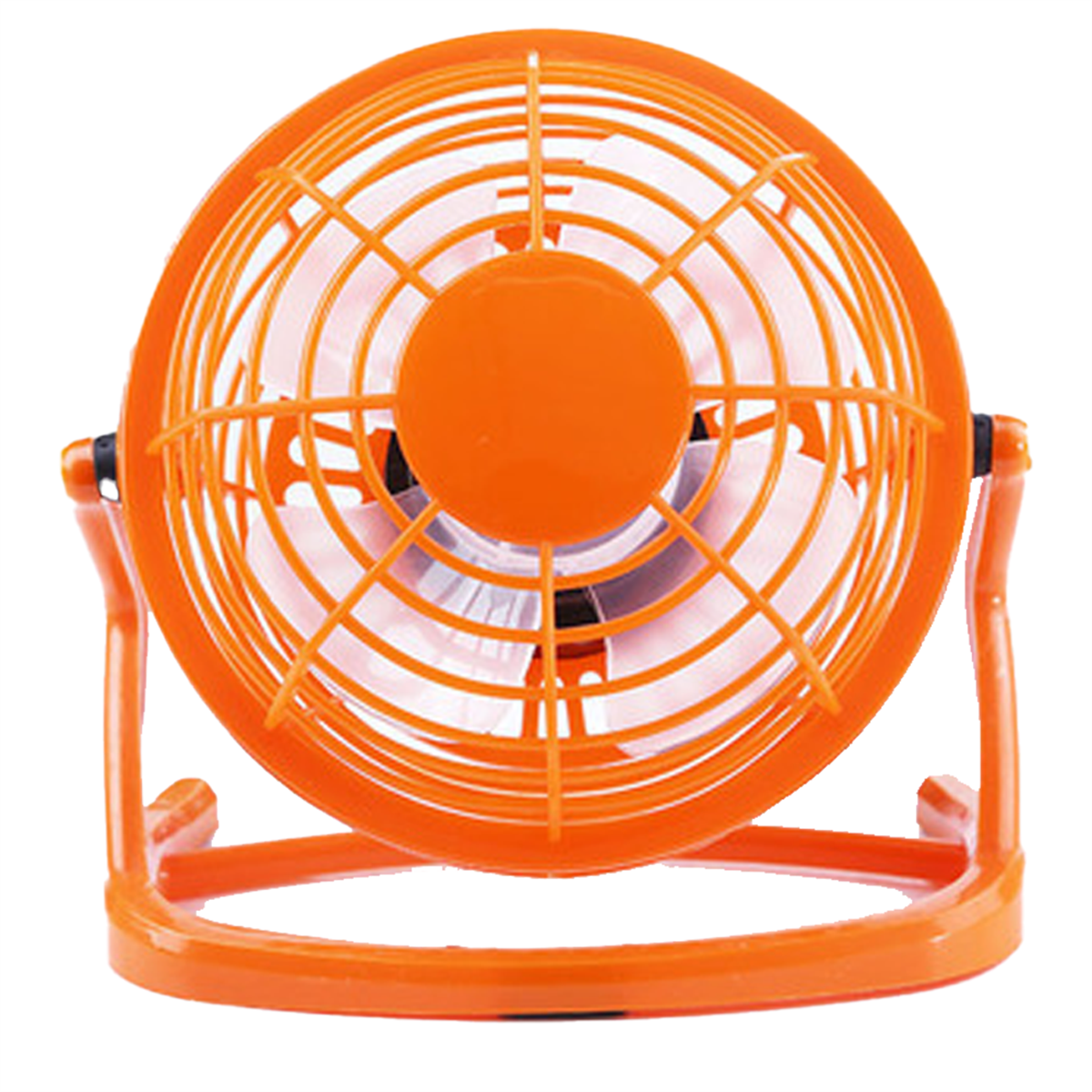 Orangener Schreibtischventilator. Er hat einen Käfig und Flügel, mit gebogener Basis.