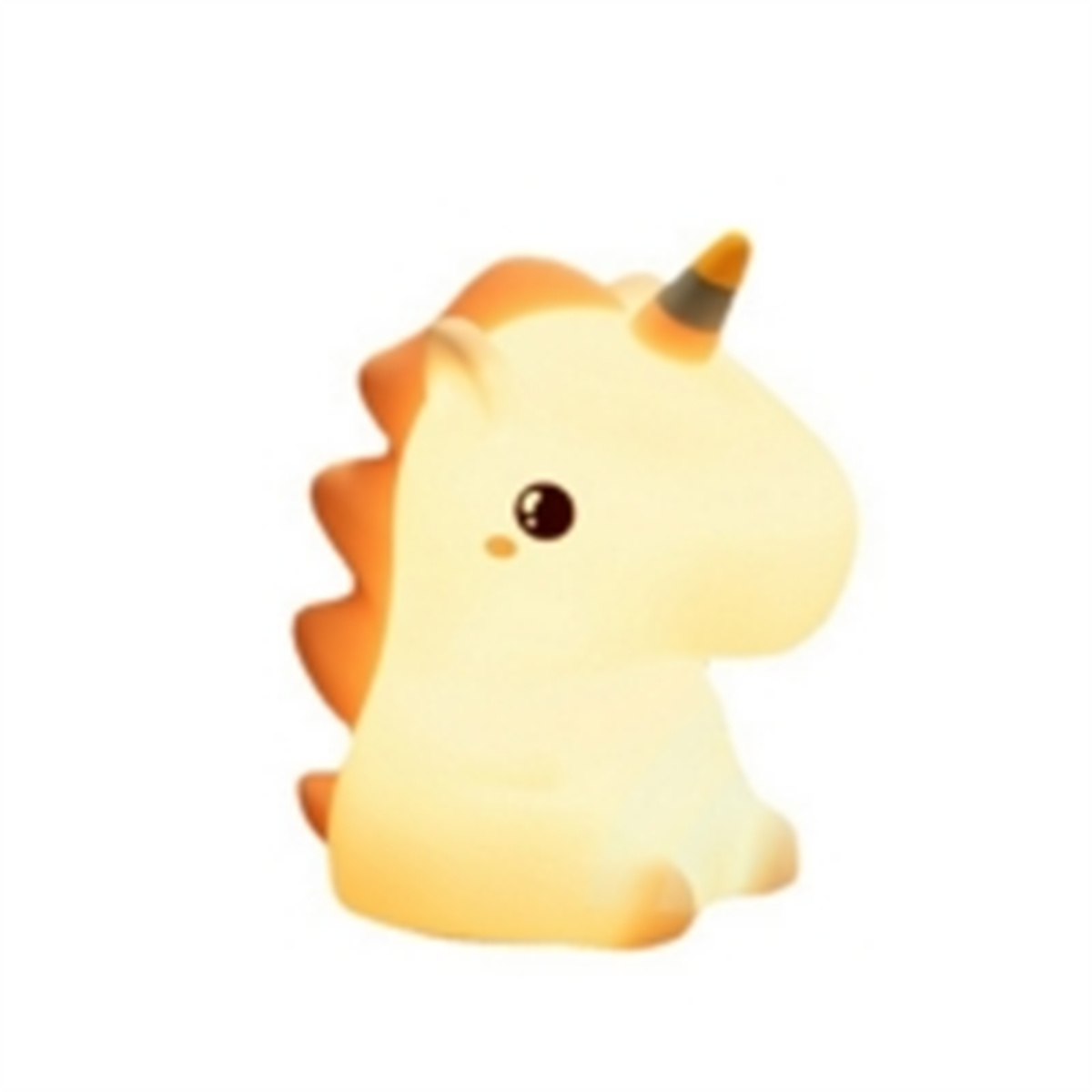 Ein Einhorn-Nachtlicht, das mit sanftem gelben Licht leuchtet, auf weißem Hintergrund.