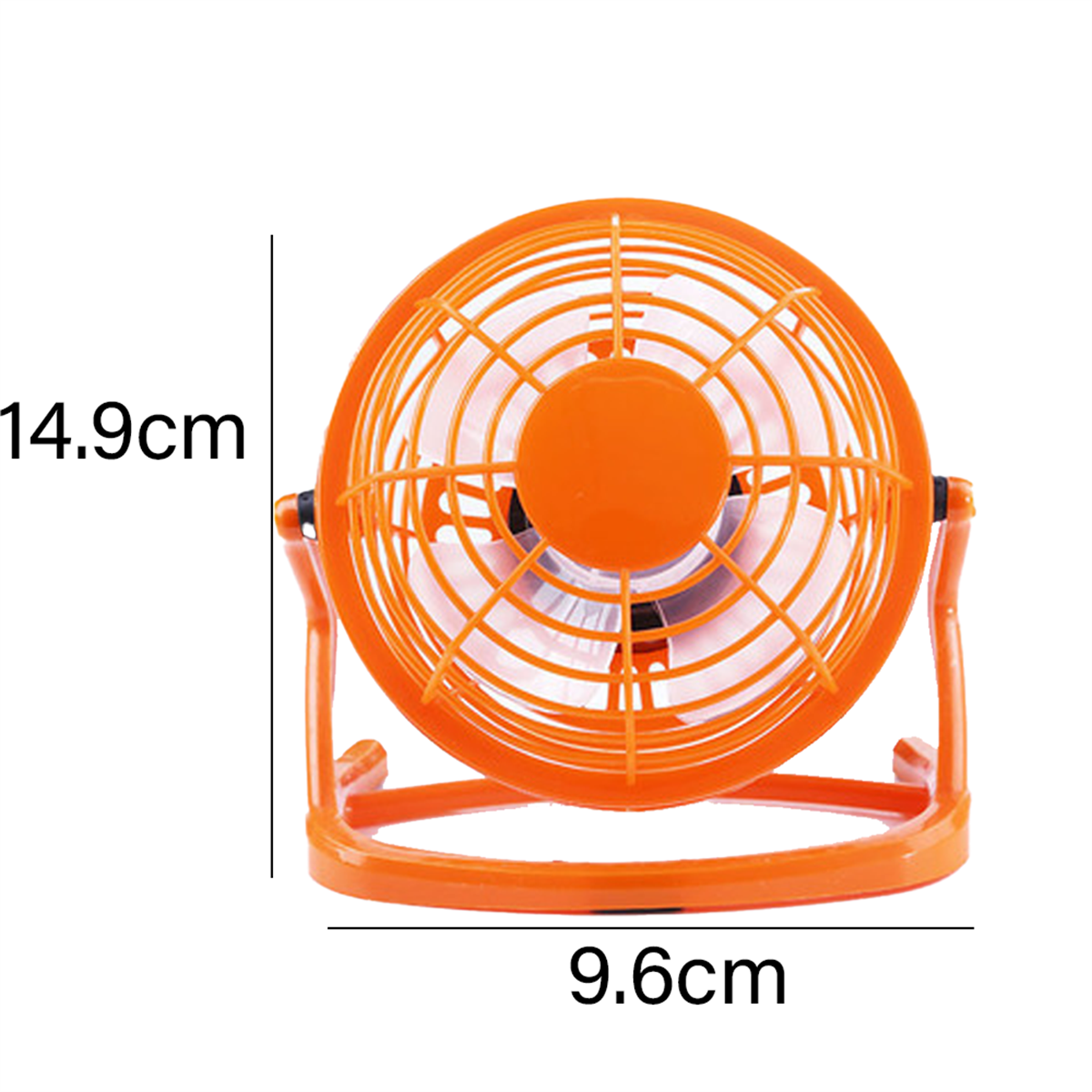 Orangener Ventilator mit Maßen. Es ist auf weißem Hintergrund.