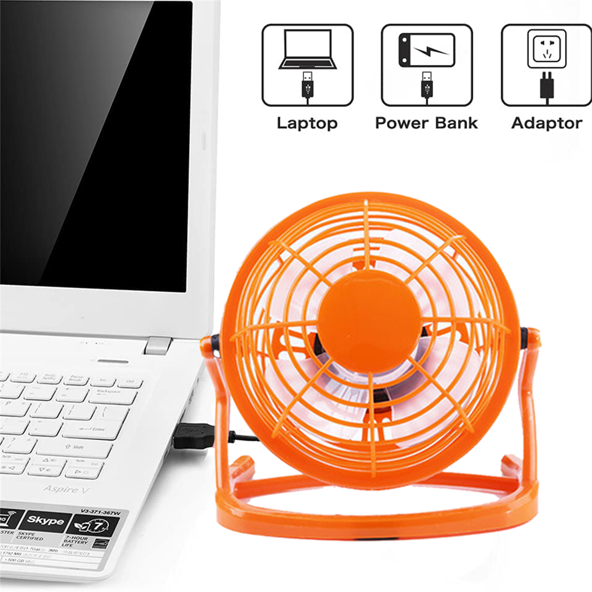 Oranger USB-Ventilator mit Laptop, Icons von Laptop, Powerbank und Adapter. Weißer Hintergrund.