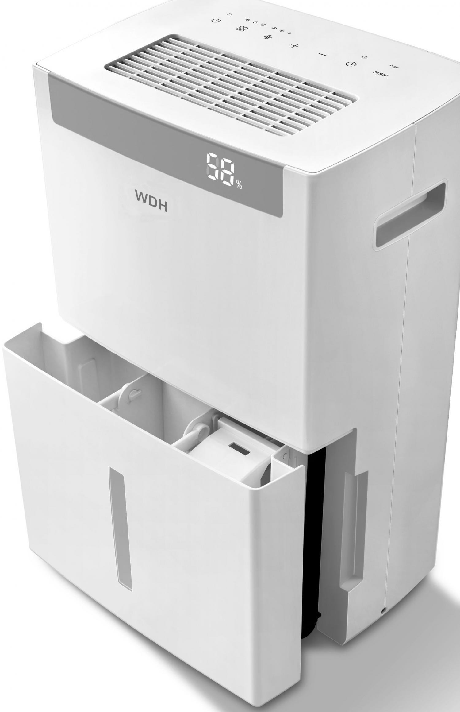 Ein weißer Luftentfeuchter mit einem schwarzen Wassertank. Er hat eine Digitalanzeige mit 58%.