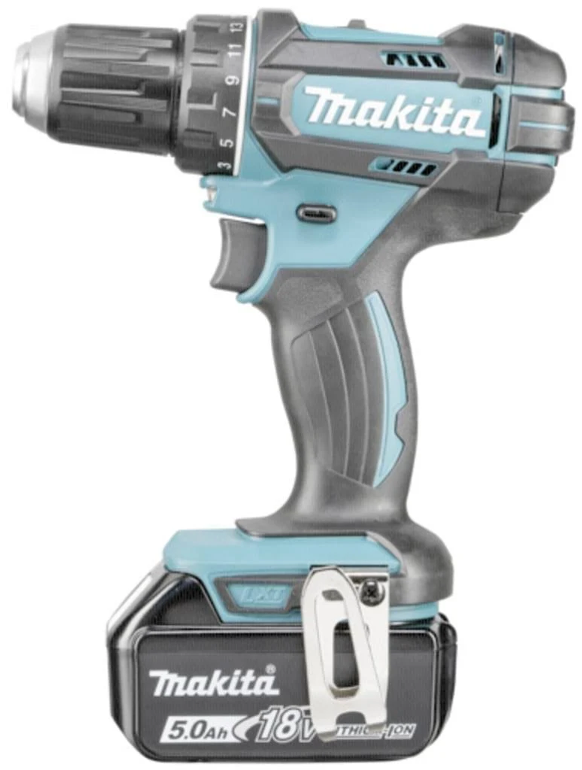 Wiertarka akumulatorowa z turkusowymi i czarnymi akcentami na białym tle.