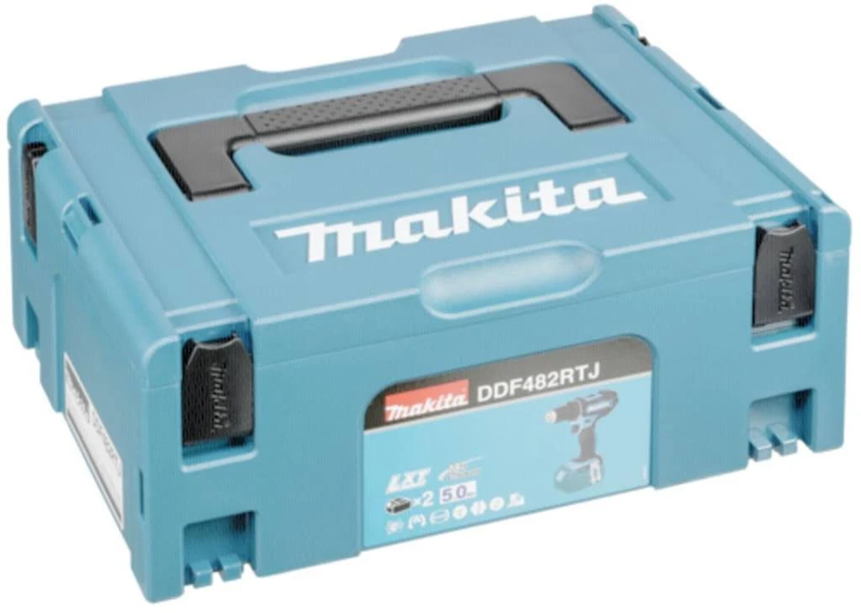 Niebieska skrzynka narzędziowa Makita z uchwytem i logo Makita, wiertarka widoczna na etykiecie.