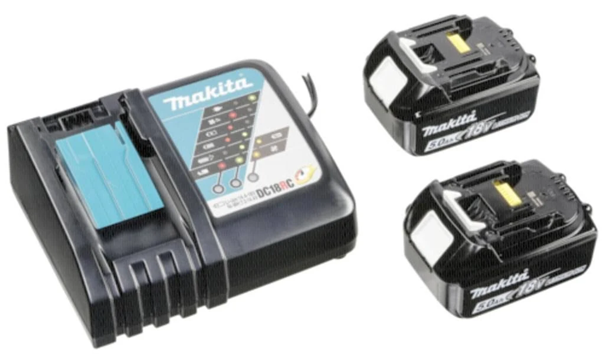 Ładowarka i dwa akumulatory Makita. Czarna ładowarka. Białe tło.