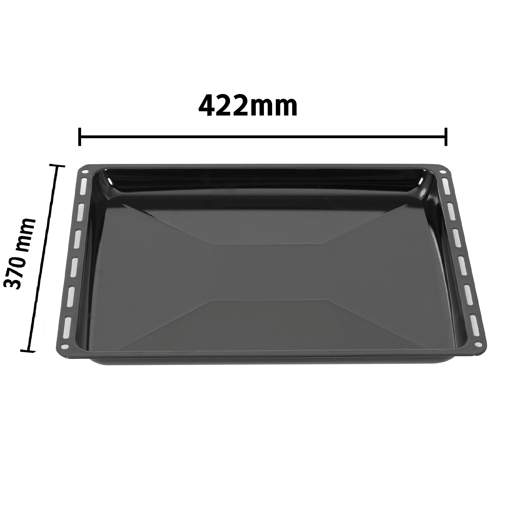Schwarzes Backblech, Abmessungen: 422 mm Breite und 370 mm Höhe. Es hat eine rechteckige Form.