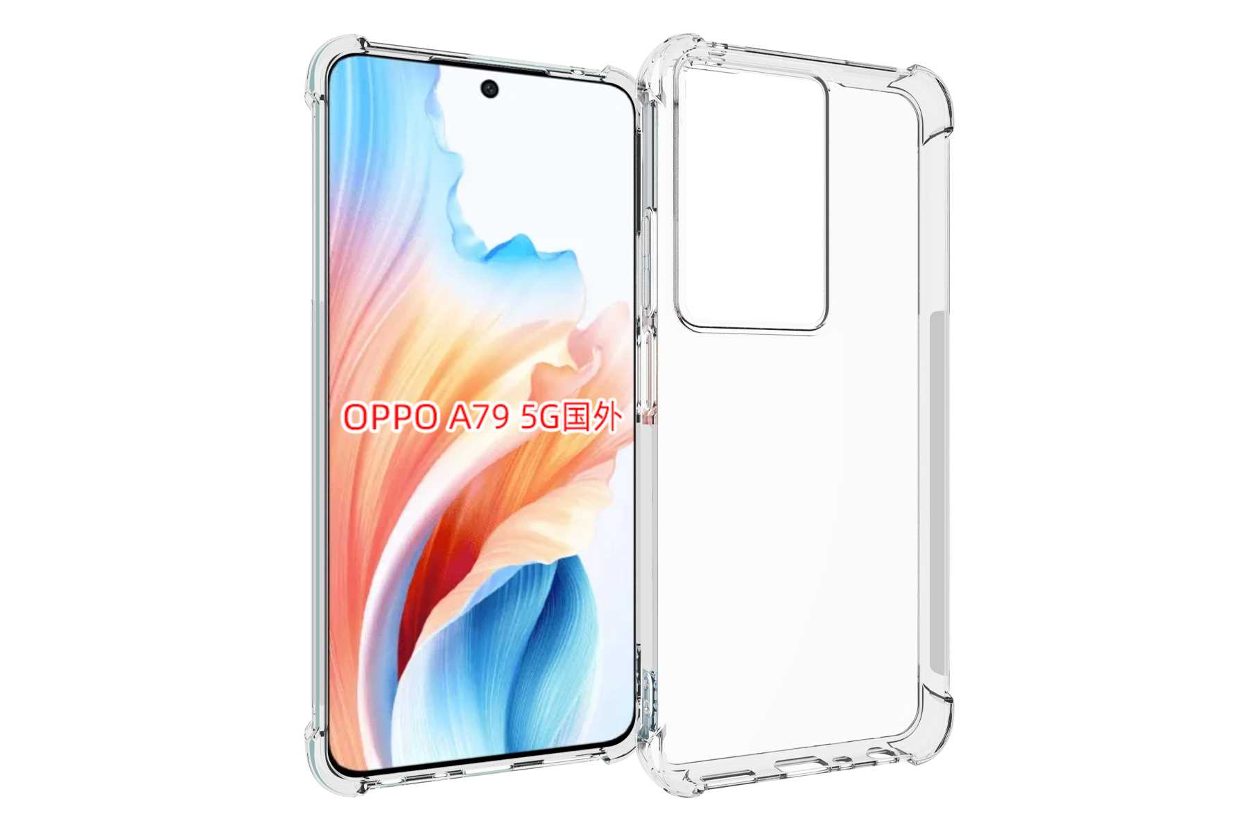 Eine transparente Handyhülle mit einem Telefon darin. Auf dem Telefonbildschirm steht OPPO A79 5G in Rot.