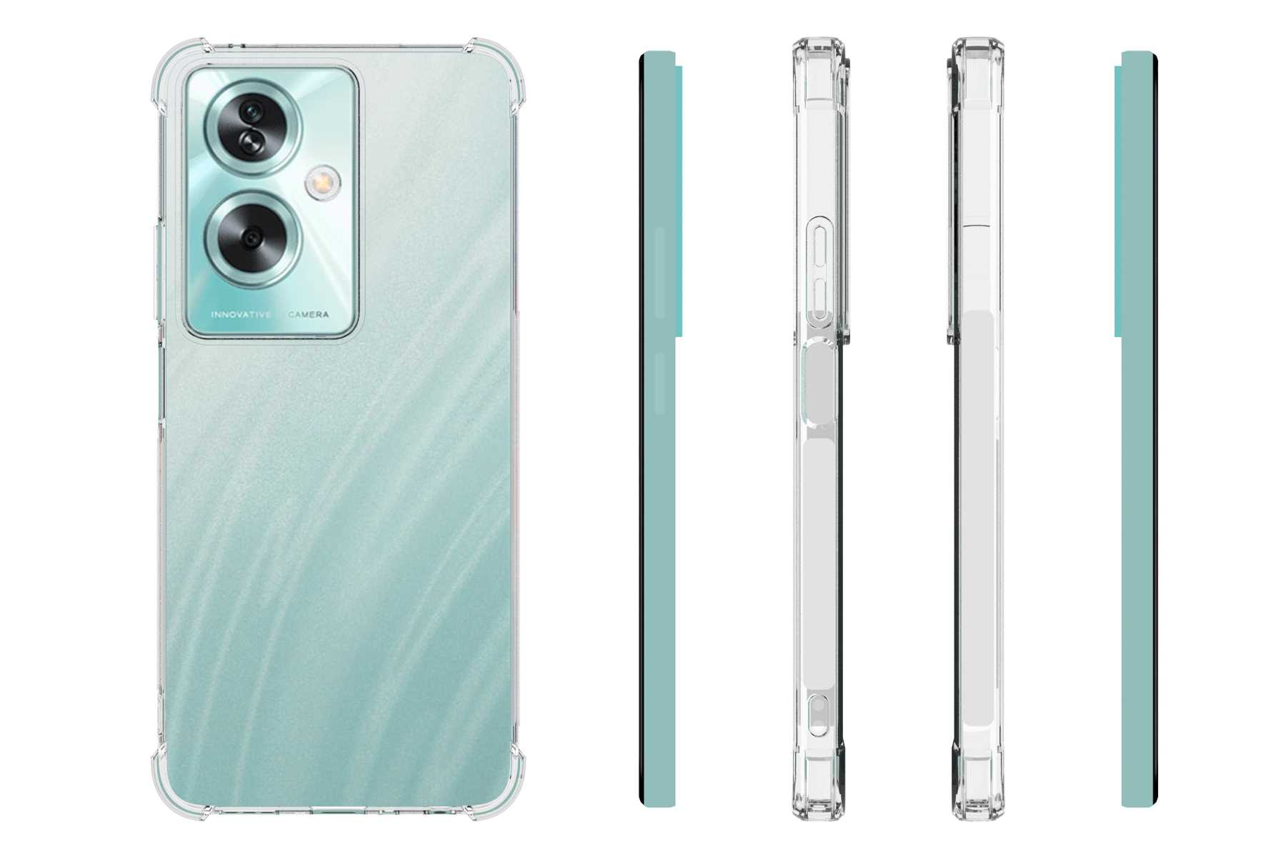 Telefon mit einer transparenten Schutzhülle. Mehrere Ansichten des Telefons und der Hülle werden gezeigt.