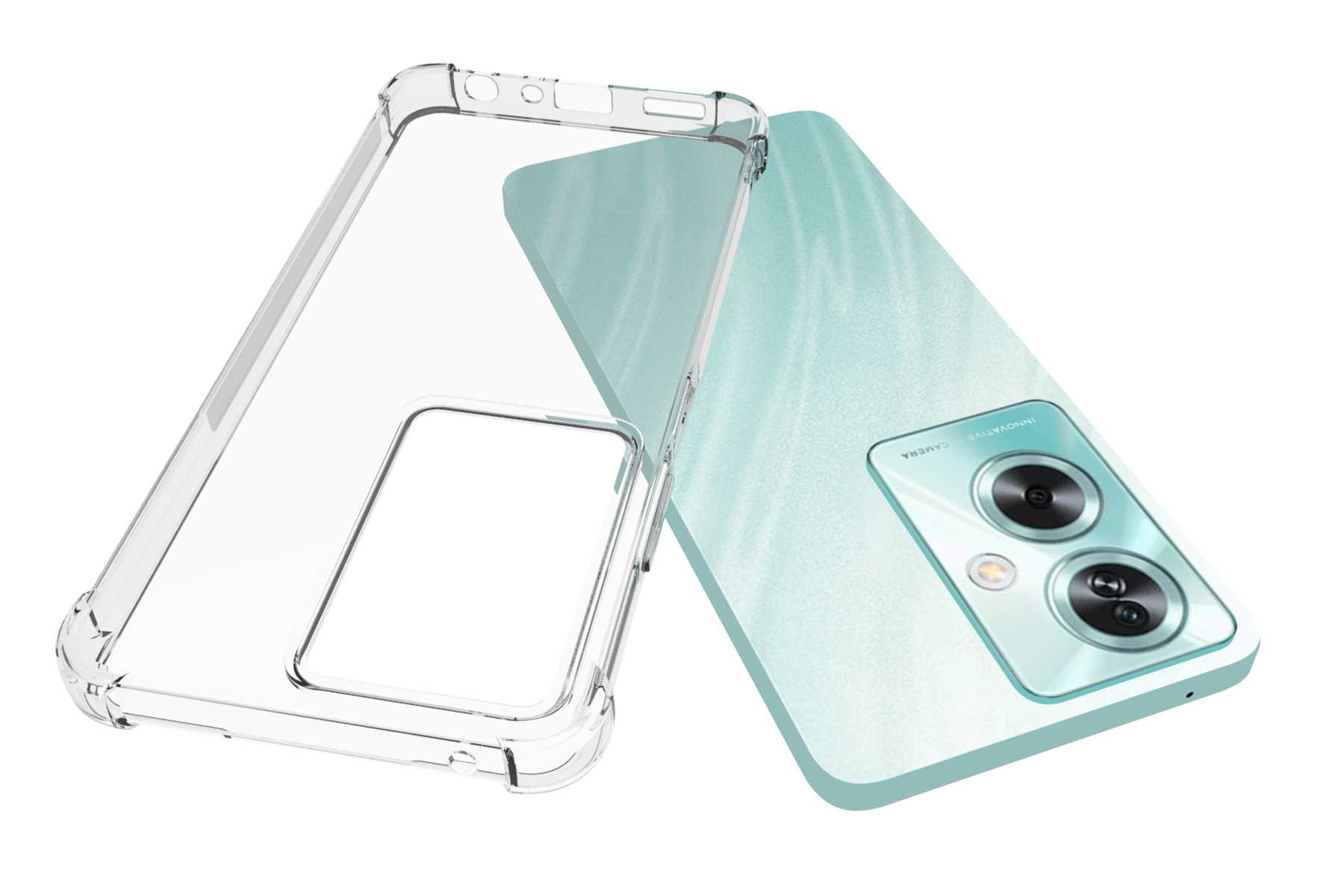 Telefon mit Hülle. Das Telefon ist hellgrün. Die Hülle ist durchsichtig. Weißer Hintergrund.