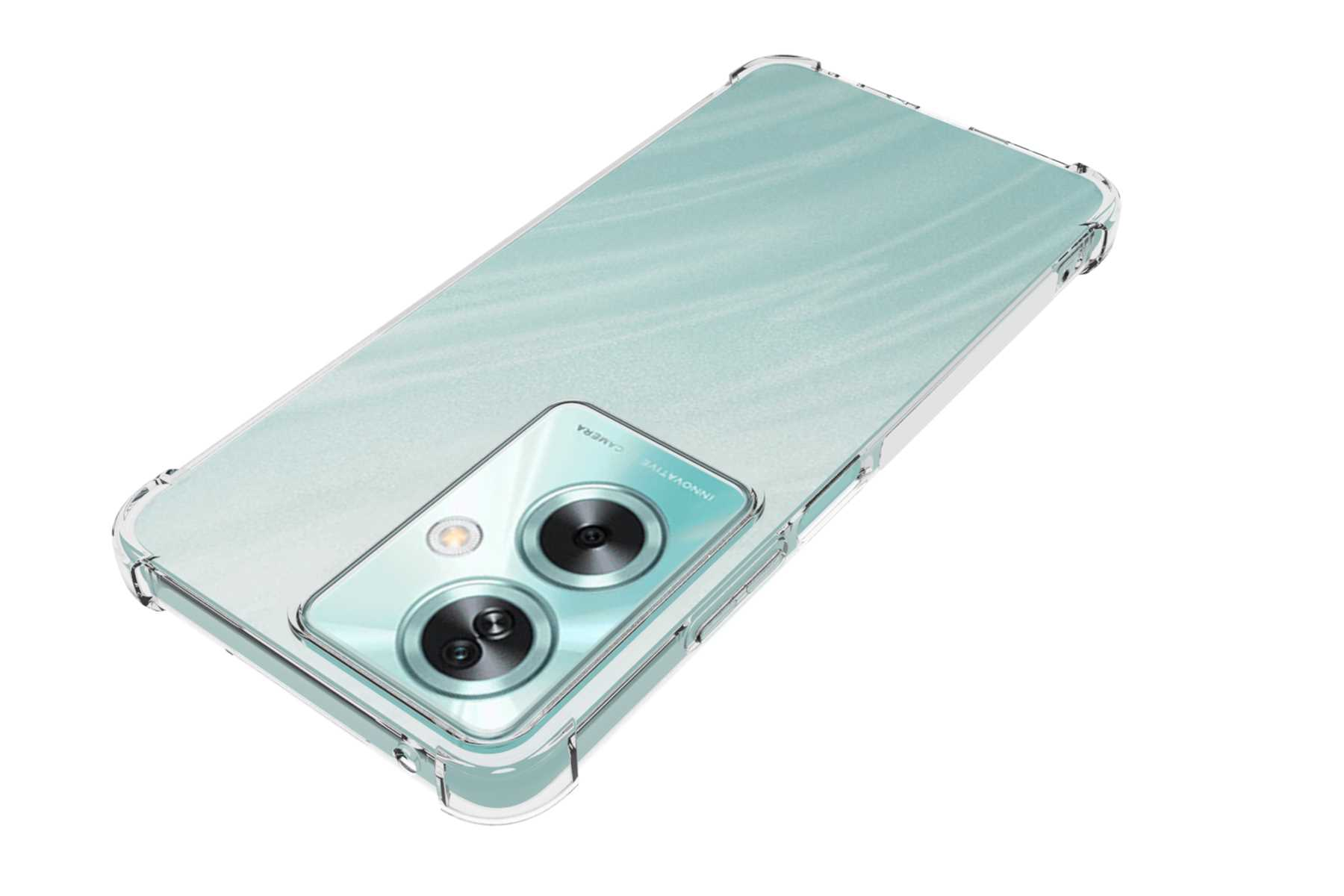 Ein Telefon auf weißer Oberfläche. Es ist hellgrün mit einer transparenten Schutzhülle.