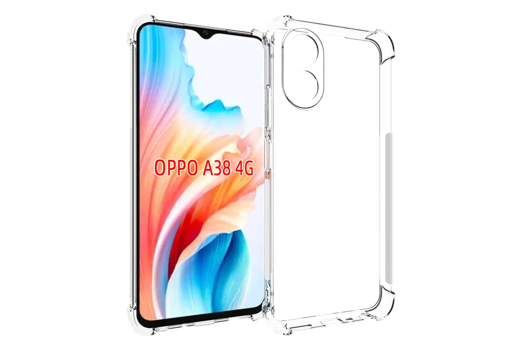 Ein Telefon mit klarer Hülle. Der Bildschirm zeigt 'OPPO A38 4G' in roter Schrift.