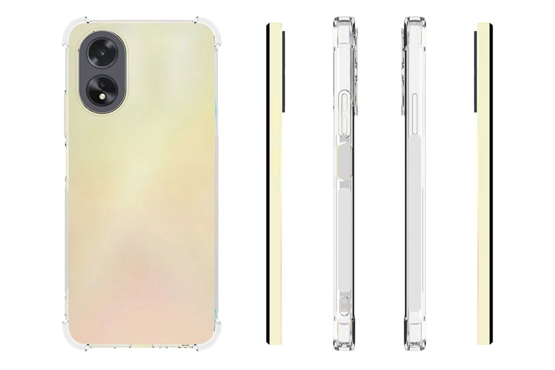 Ein Telefon mit einer transparenten Hülle. Das Telefon ist gelb mit einer Dual-Kamera-Anordnung.
