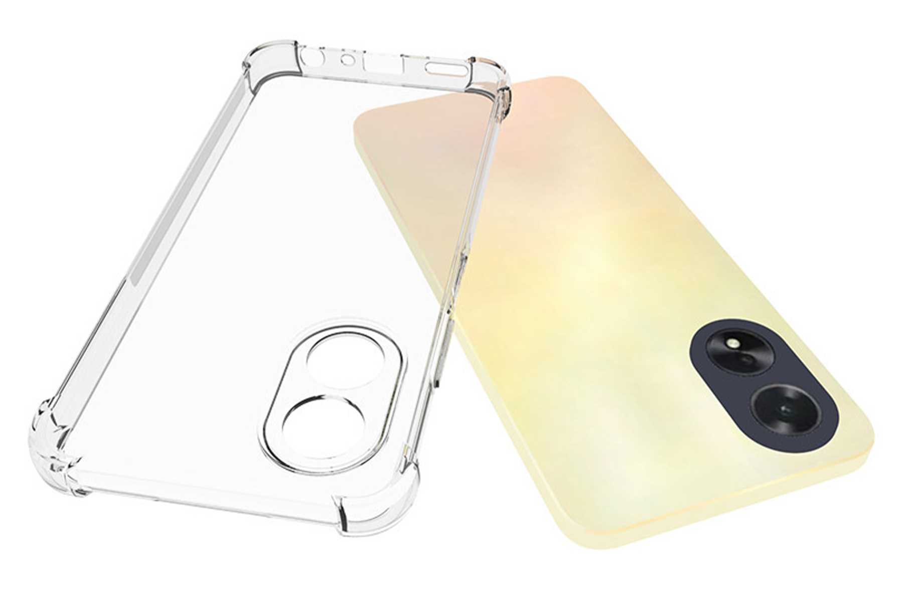 Transparente Handyhülle neben einem Telefon mit gelbem Rücken und schwarzen Kameralinsen.