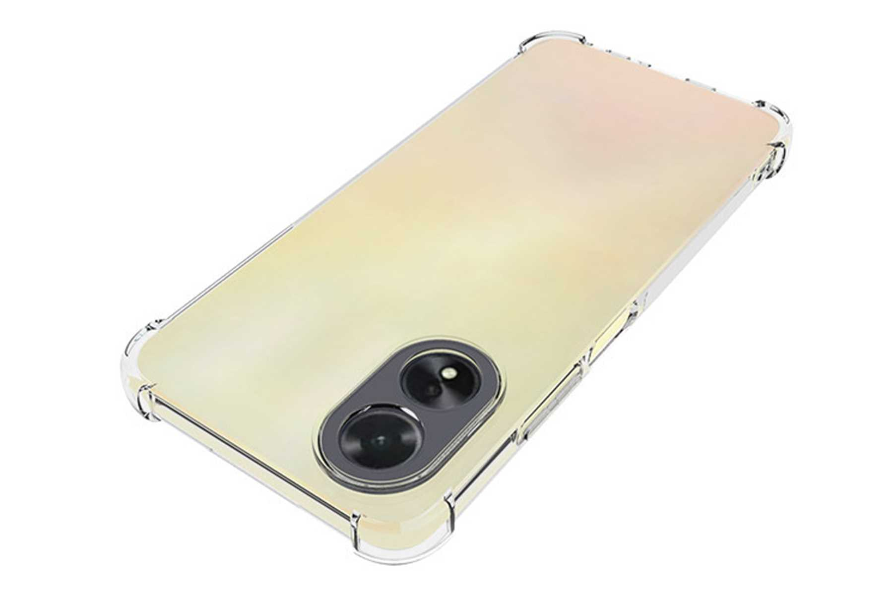 Ein Telefon in einer transparenten Hülle auf weißer Oberfläche. Das Telefon hat eine Kamera.