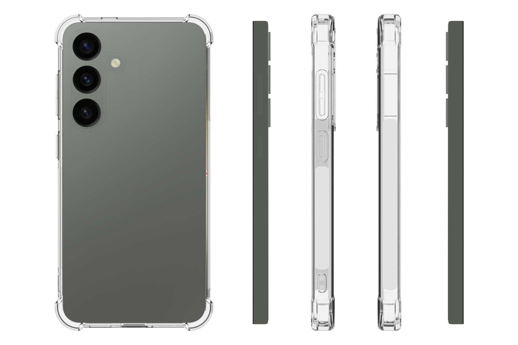 Ein Telefon in einer transparenten Hülle, mit Kamera- und Seitenansichten. Das Telefon ist grau.